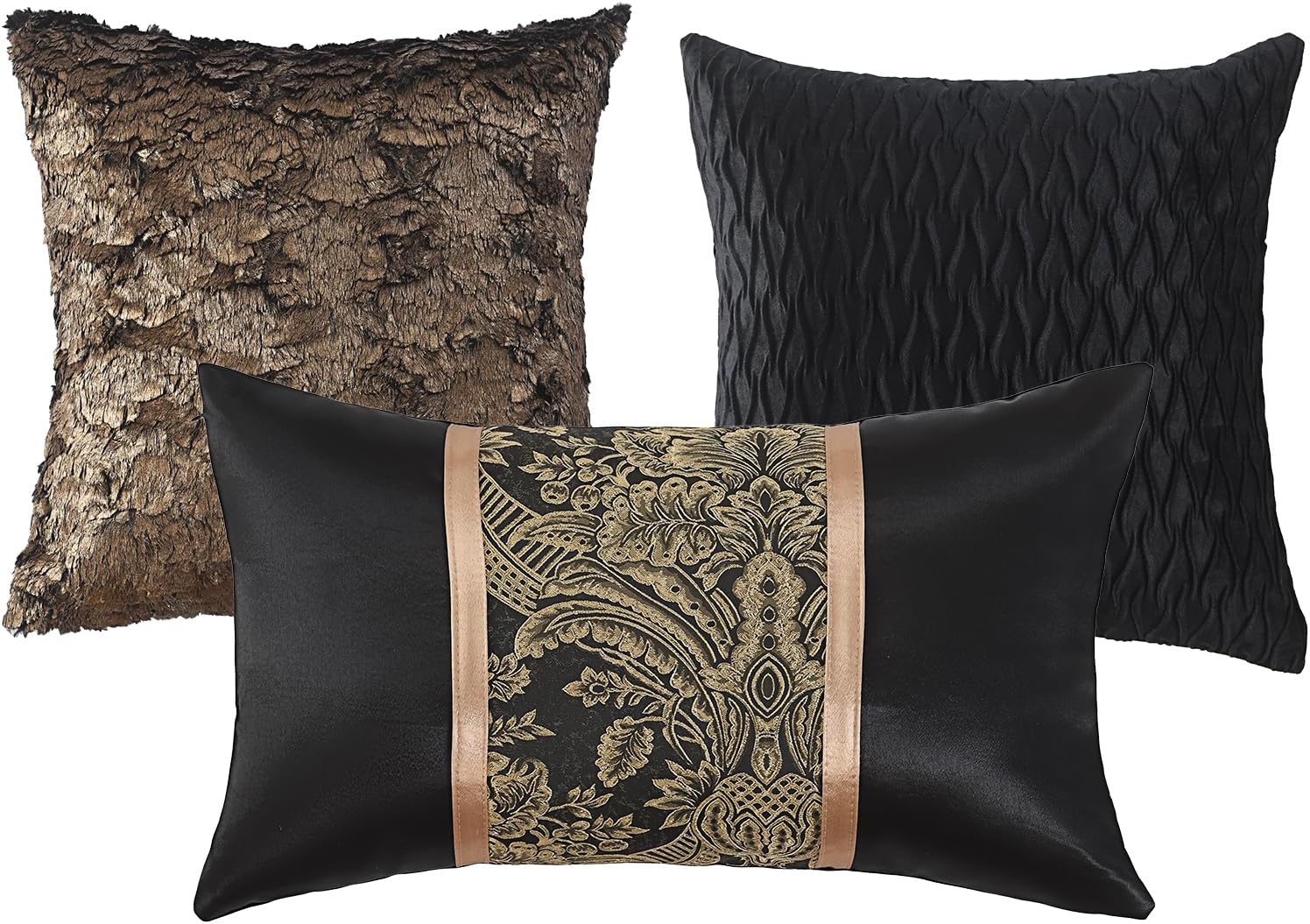 SahSahCasa 7-Piece Luxury King Comforter Set, Bed in a Bag King, Jacquard Silky Fluffy Comforter Bedding Set with Bedskirt, Decorative Pillows, Elegant Reversible, Down-Alternative, Black/Gold