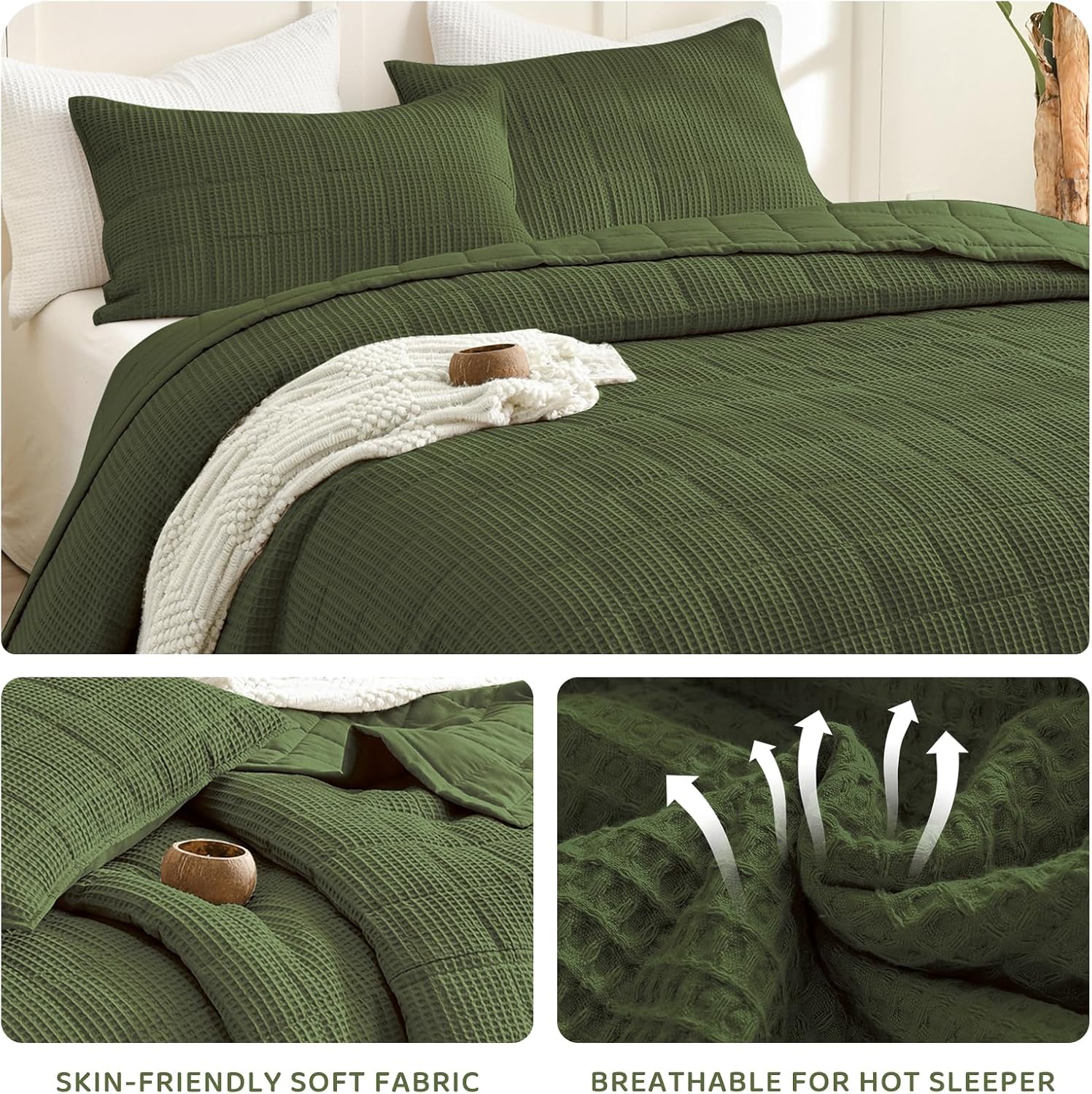 Sanracie Oversized King Quilt (120'x120'), Cotton Olive Green Waffle Weave Quilt Bedding Set 3Pcs Extra Wide Large Soft Breathable Luxury Aesthetic Bedding Coverlet for All Season