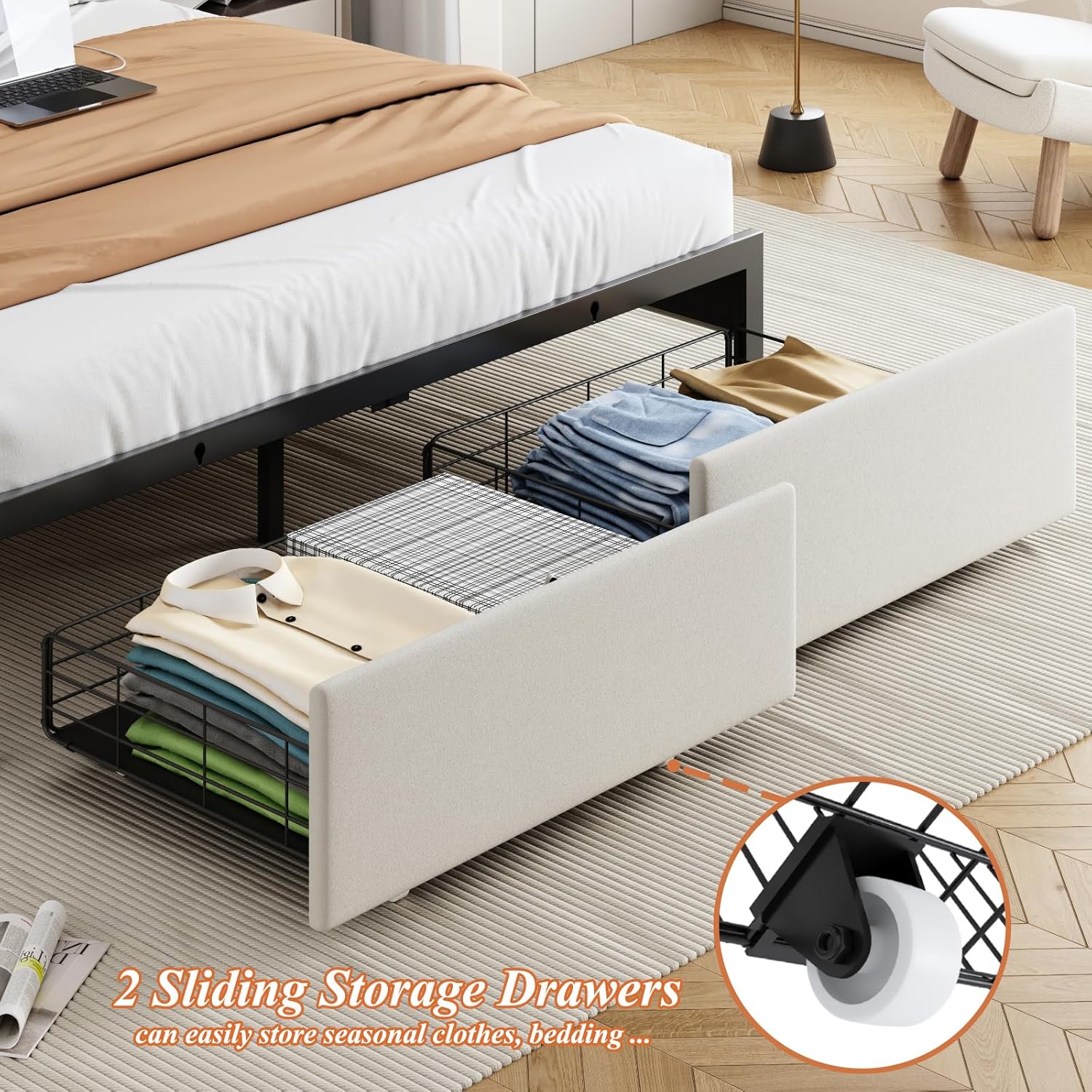 Queen Bed Frame with Storage Headboard and 2 Drawers, Upholstered Button Tufted Platform Bed Frame Queen Size with LED Lights, Charging Station, No Box Spring Needed, Noise Free, Easy Assembly, Beige