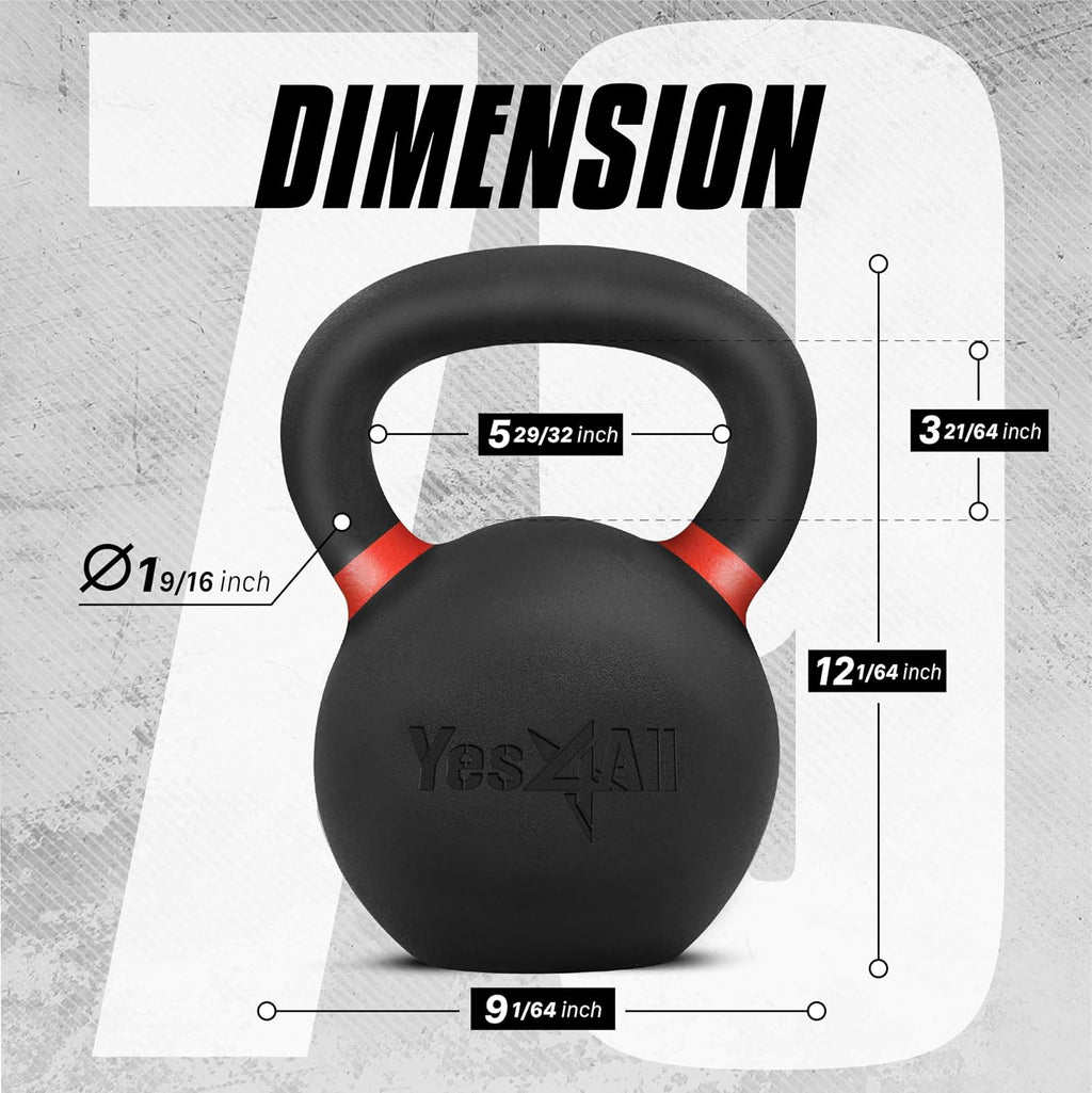 Yes4All Powder Coated Kettlebell, Cast Iron Core Kettlebells with Non-Slip Handle & Flat Bottom for Conditioning, Heavy Duty for Strength Training, 9lb to 71lb - Single & Pair