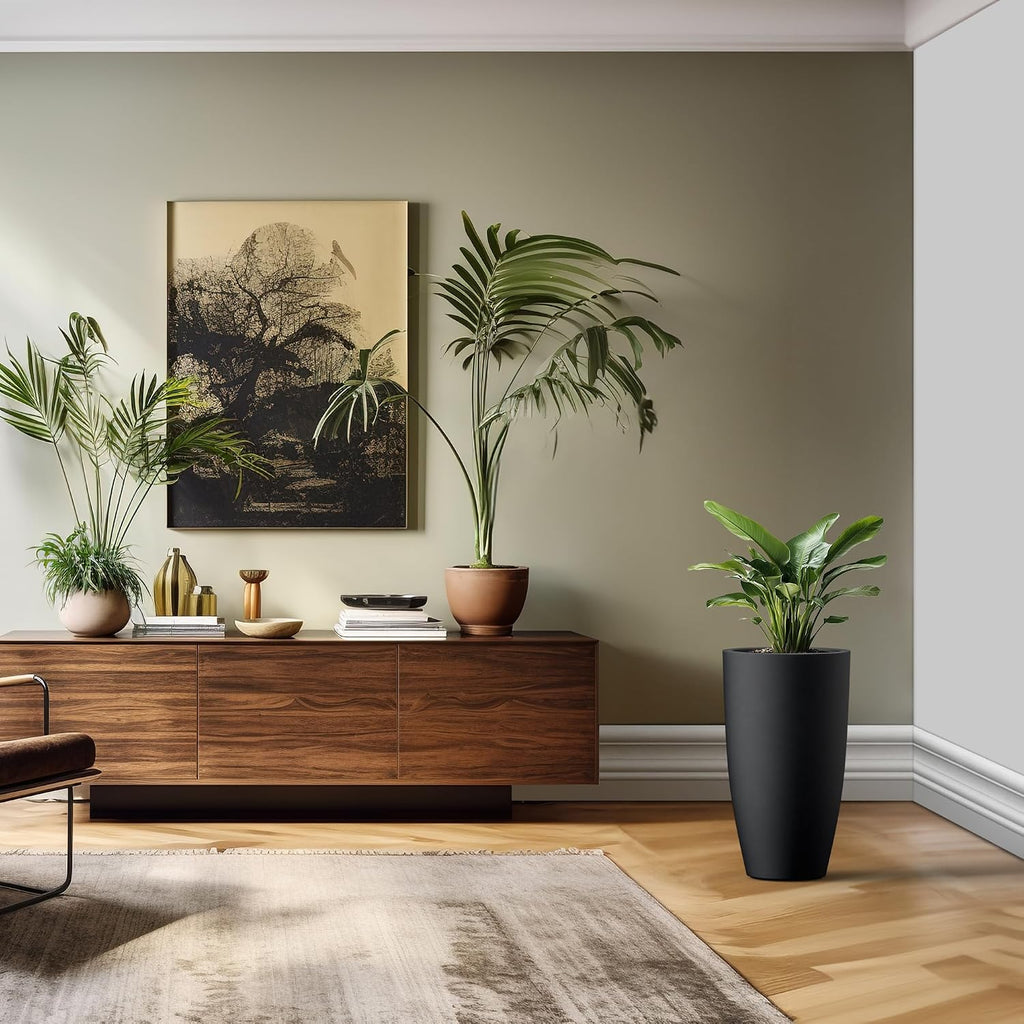 Kante 23.6' H Black Tall Planters (Set of 2), Large Outdoor Indoor Decorative Plant Pots with Drainage Hole and Rubber Plug, Modern Style for Home and Garden