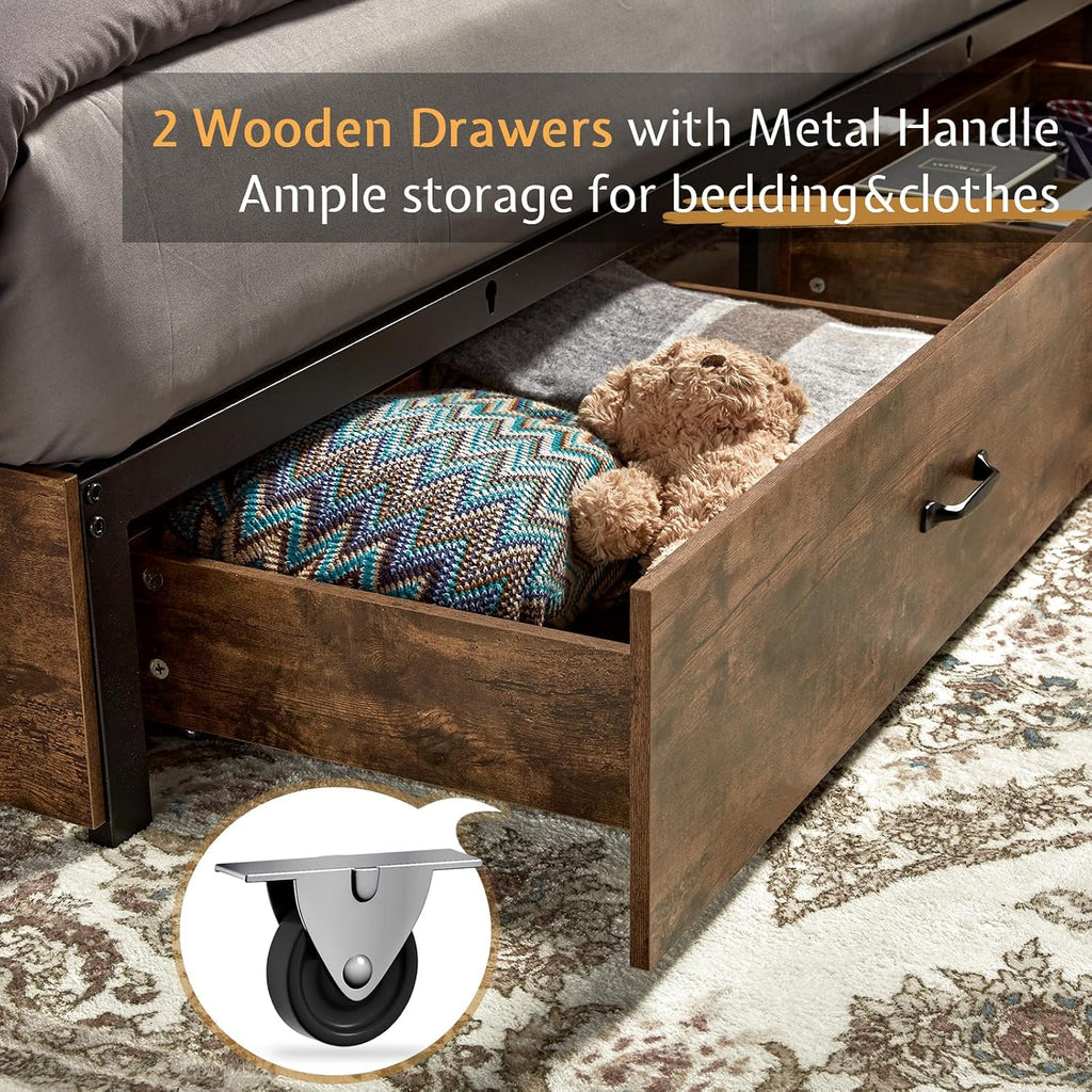 VanAcc Queen Size Bed Frame, Wooden Platform Storage Bed with 51.2' Bookcase Headboard, 2 Drawers, Charging Station/No Box Spring Needed/Noise Free(Rustic Brown)