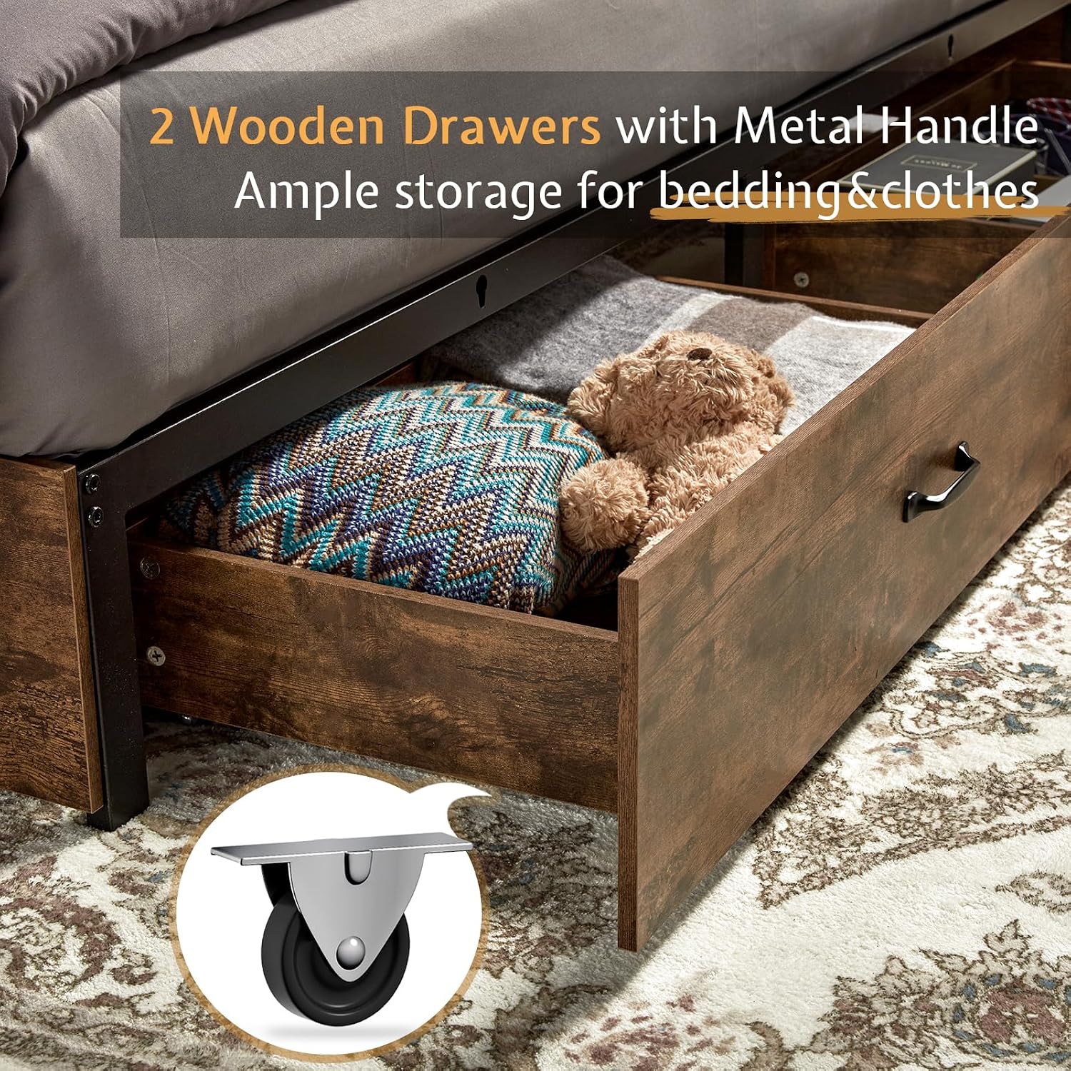 VanAcc Queen Size Bed Frame, Wooden Platform Storage Bed with 51.2' Bookcase Headboard, 2 Drawers, Charging Station/No Box Spring Needed/Noise Free(Rustic Brown)
