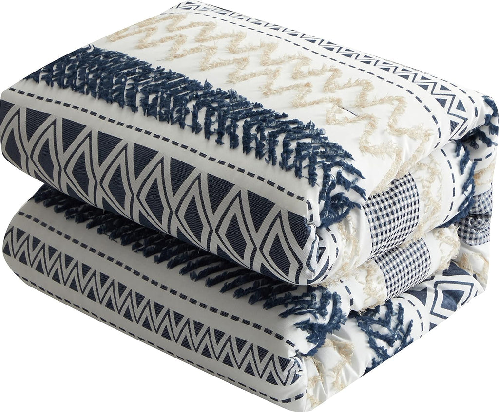 Grand Avenue Navy Striped California King Comforter Set, 7 Piece, Jacquard & Clip All Season Premium Bedding Set, Matching Shams, Bedskirt, Decorative Pillows