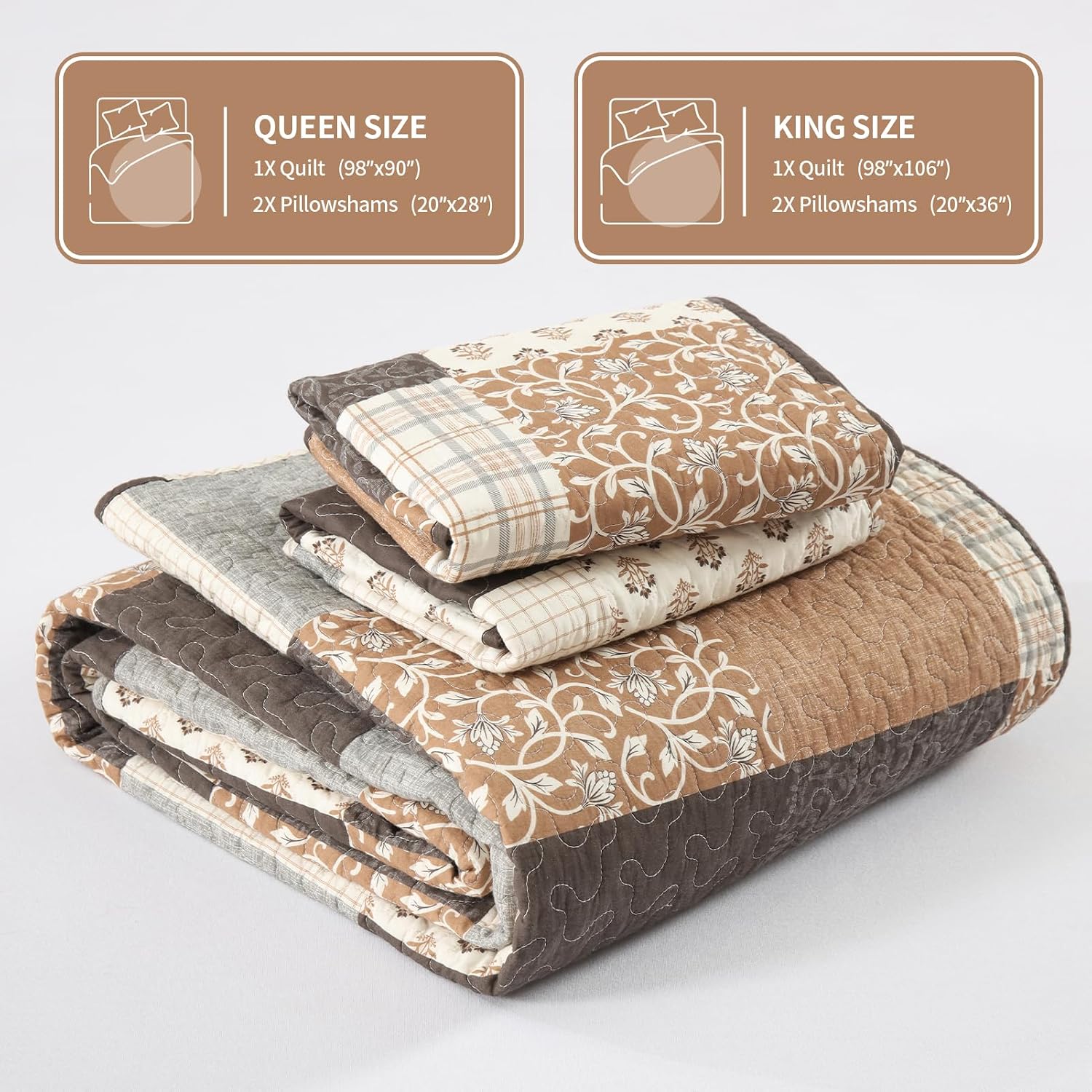 KALOOLA 100% Cotton Quilt Set Queen Size - Farmhouse Printed Patchwork Bedspread with 2 Pillow Shams, Reversible Plaid Botanical Bedding Coverlet for All Season, 3 Pieces, Brown/Charcoal/Gray