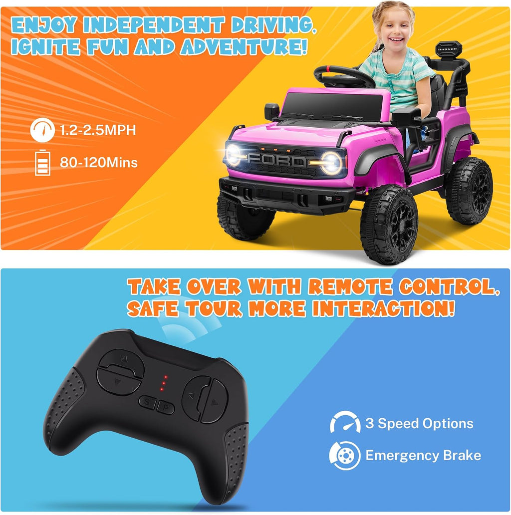 ENYOPRO 12V Licensed Ford Bronco Raptor Ride on Toys, Kids Electric Car w/Parental Remote Control, Spring Suspension, Soft Start, Bluetooth, LED Lights, Gift for Girls & Boys Ages 3-6 (Pink)