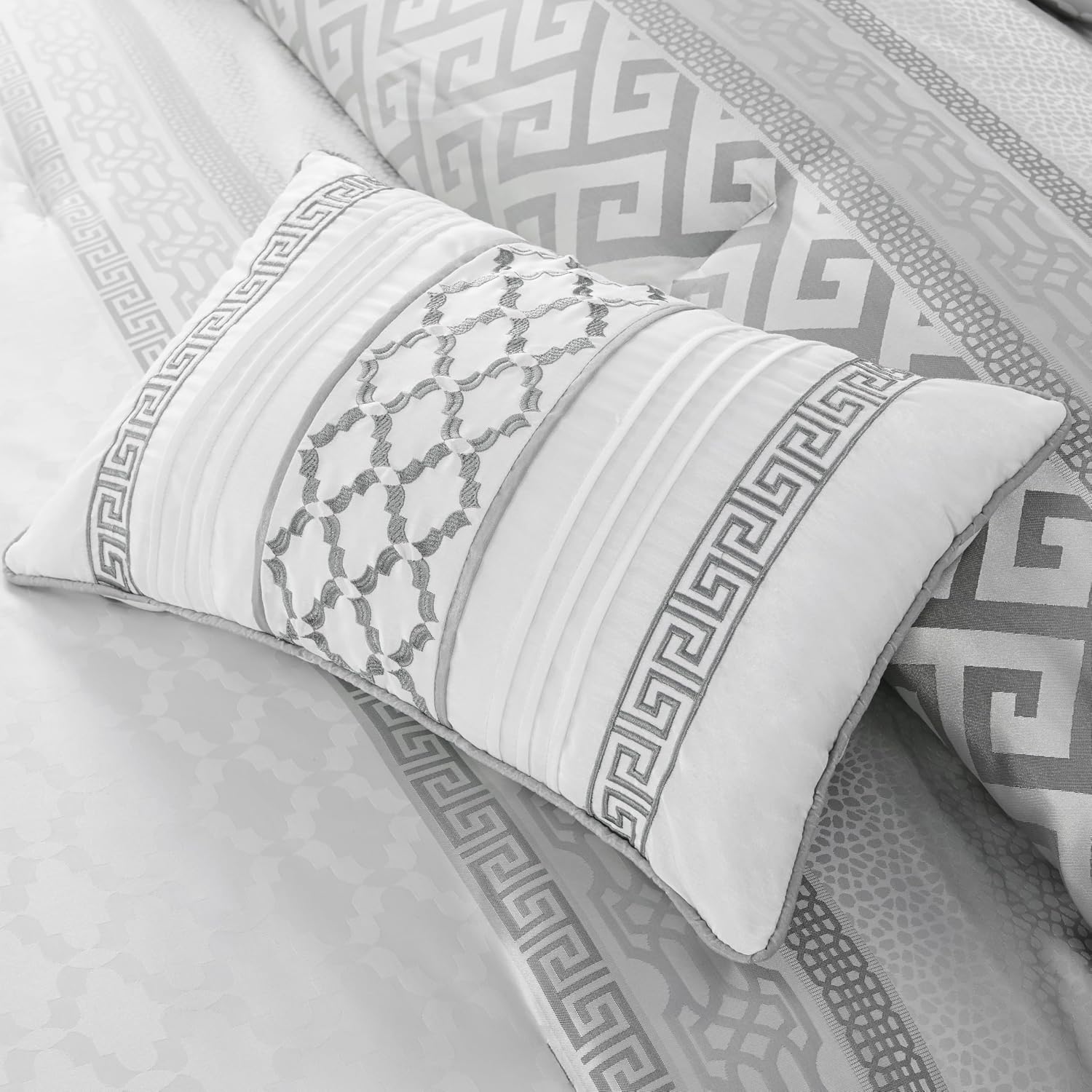 Madison Park Luxury Comforter Set-Traditional Jacquard Design All Season Down Alternative Bedding, Matching Bedskirt, Decorative Pillows, King(104'x92'), Bennett, Geometric Grey, 7 Piece
