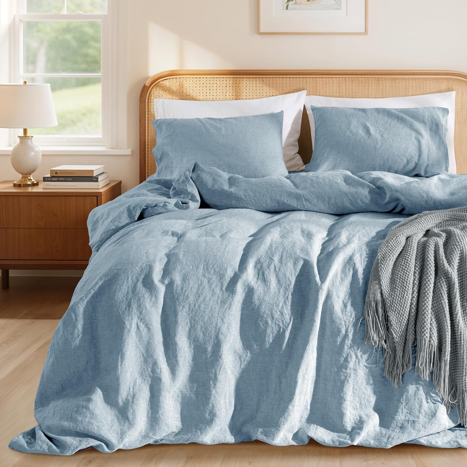 LBRO2M 100% France Linen Duvet Cover Set 3 Pcs Including 1 Flax Comforter Cover with Zipper Closure, 2 Pillowcase, Cozy Duvet Cover Queen Size, Dusty Blue