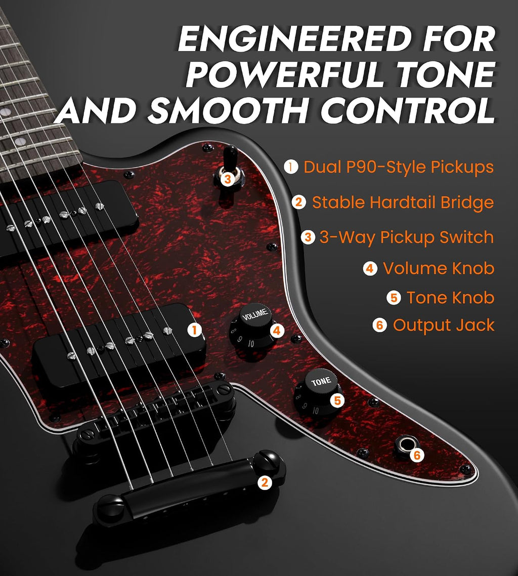 Tostar Electric Guitar: P90 Pickups, TOM Bridge & Smoked Matte Finish, 3-Way Switch, 39' Solid Body Electric Guitar for Intermediate Players, Guitarra Eléctrica Kit, Musical Birthday Gifts, Black