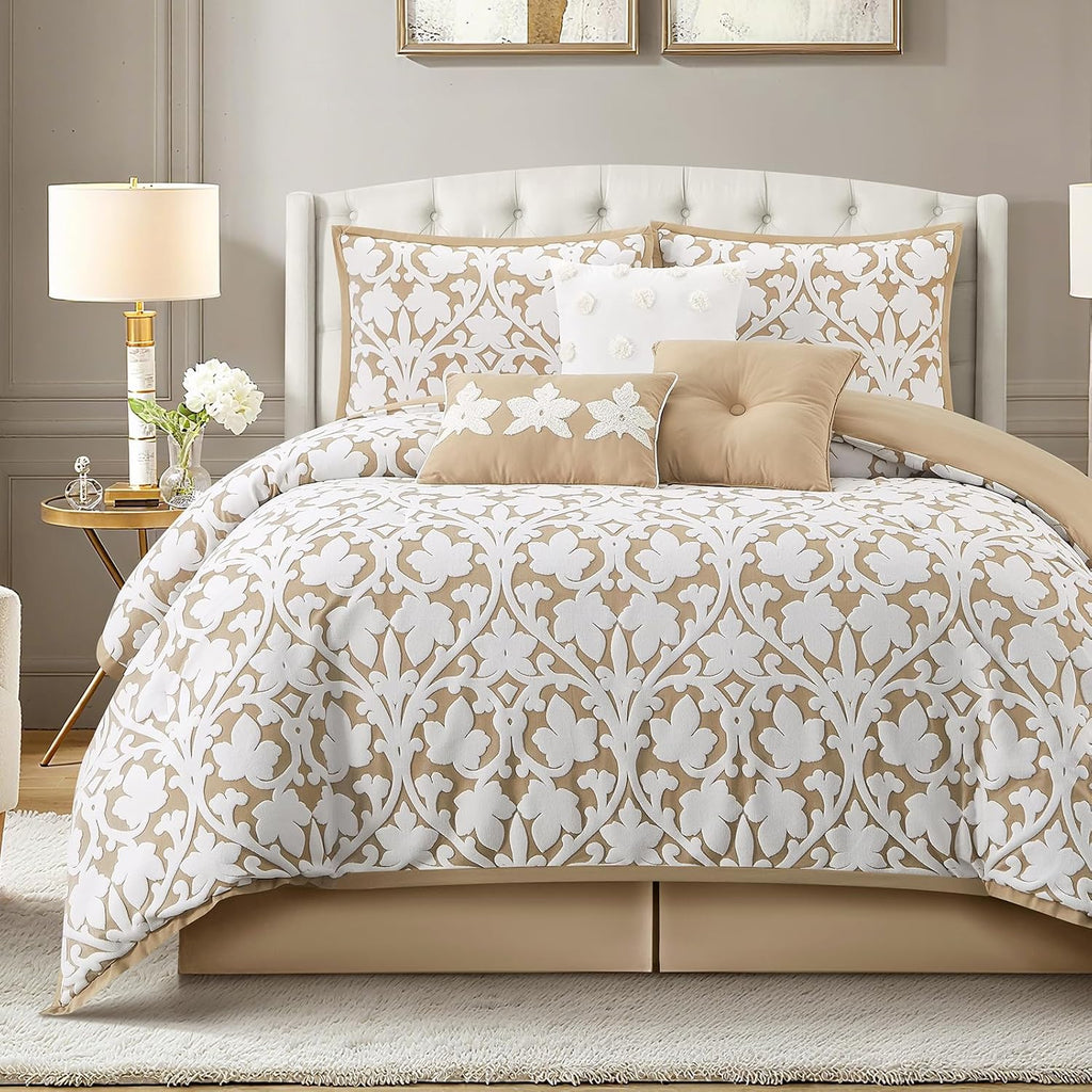 LANCO MODERN LIFESTYLE 7 Pieces Comforter Set, King, Khaki, Jacquard Floral Pattern and Classy Damask Medallion Design, Ultra Soft, Includes Bed Skirt, Shams, and Decorative Pillows