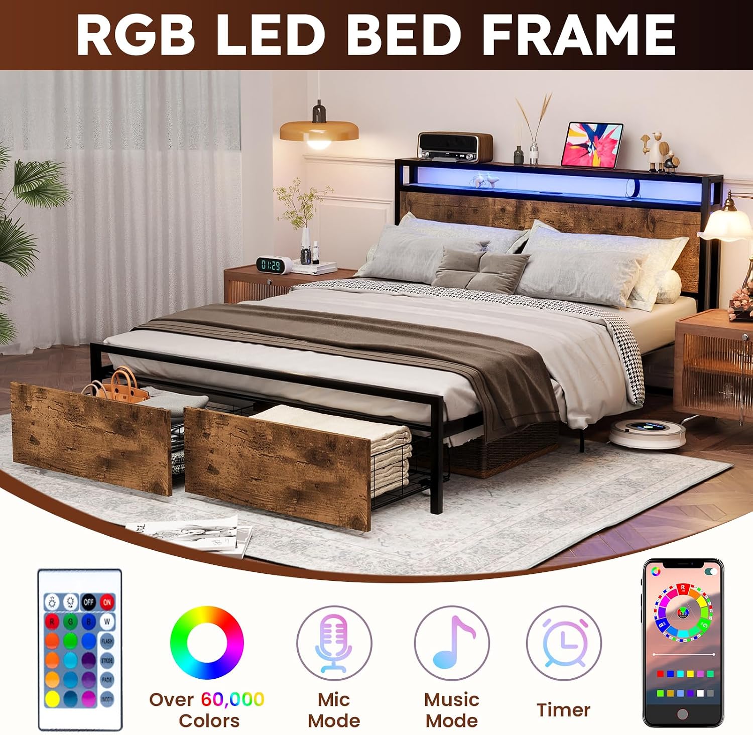 Kiivakii Full Size Bed Frame with 2 Drawers, LED Heavy Duty Platform Bed with Headboard Storage, Built in USB Ports, Noise-Free No Box Spring Needed, Rustic Brown