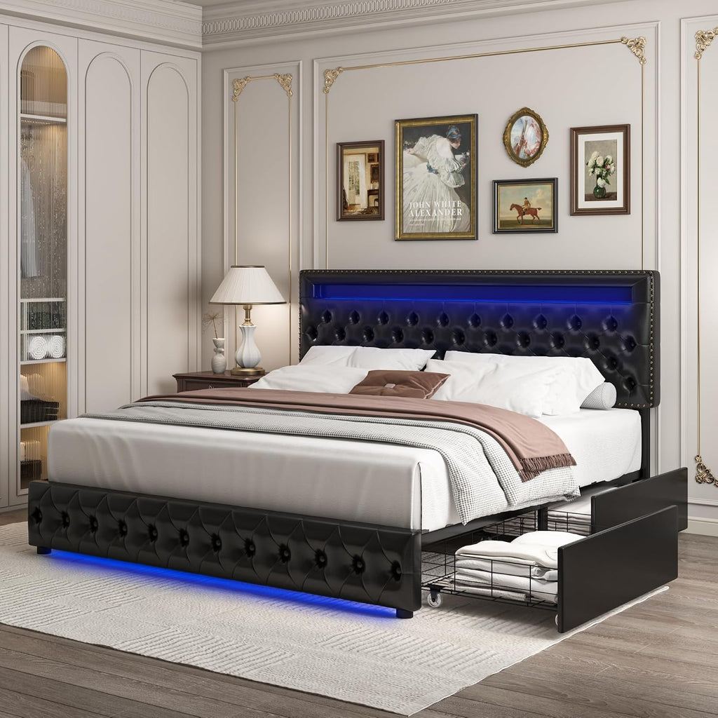 King LED Bed Frame with 4 Drawers, Platform Bed with Headboard, Adjustable Upholstered Diamond Headboard and Frame, No Box Spring Needed, Wooden Slats Support,PU Black