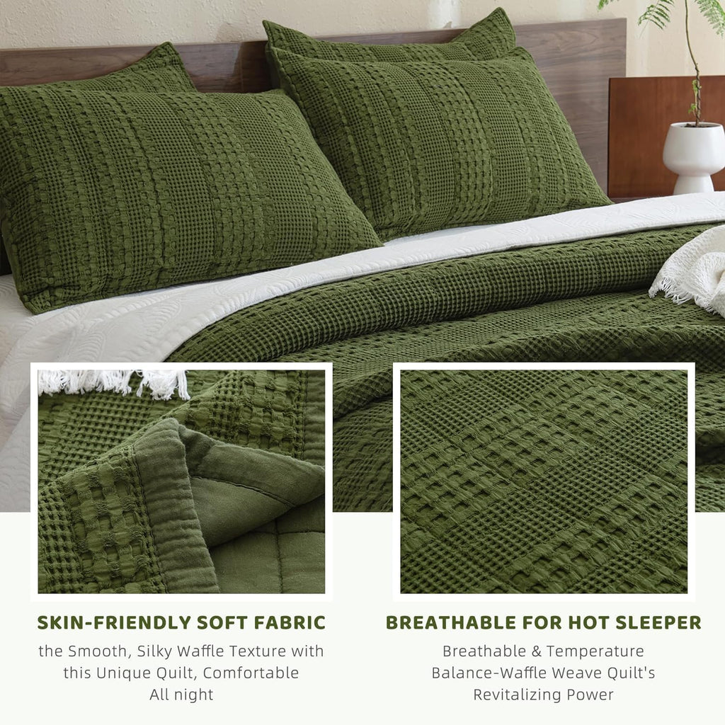 Sanracie Cotton Oversized King Bedspread Quilt(120'x120'),Olive Green Waffle Quilt Coverlet Set 3Pcs Extra Large King Quilt Bedding Set,Farmhouse Coverlet Quilt Set Shabby Vintage Chic Bedding