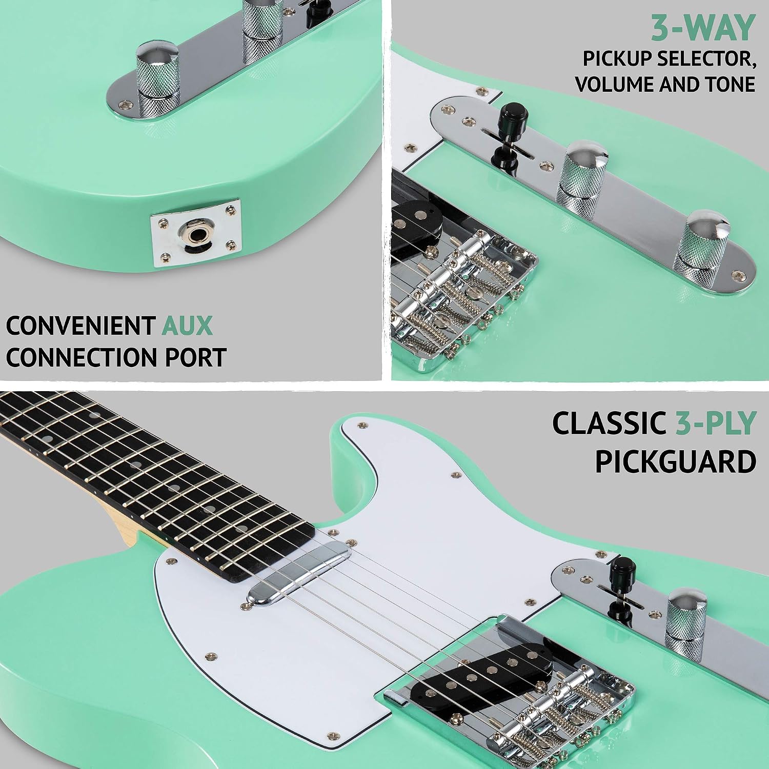 LyxPro 39' Electric Guitar TL Series, Full-Size Paulownia Wood Body, 3-Ply Pickguard, C-Shape Neck, Ashtray Bridge, Quality Gear Tuners, 3-Way Switch & Volume/Tone Controls, 2 Picks Included, Green