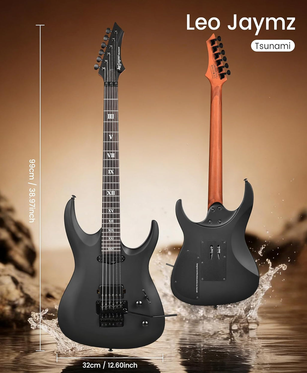 Leo Jaymz Tsunami Electric Guitar Mahogany Body & Roasted Maple Neck, HH Pickups with Rail, Double-Locking Tremolo, 24 Frets (Matte Black)