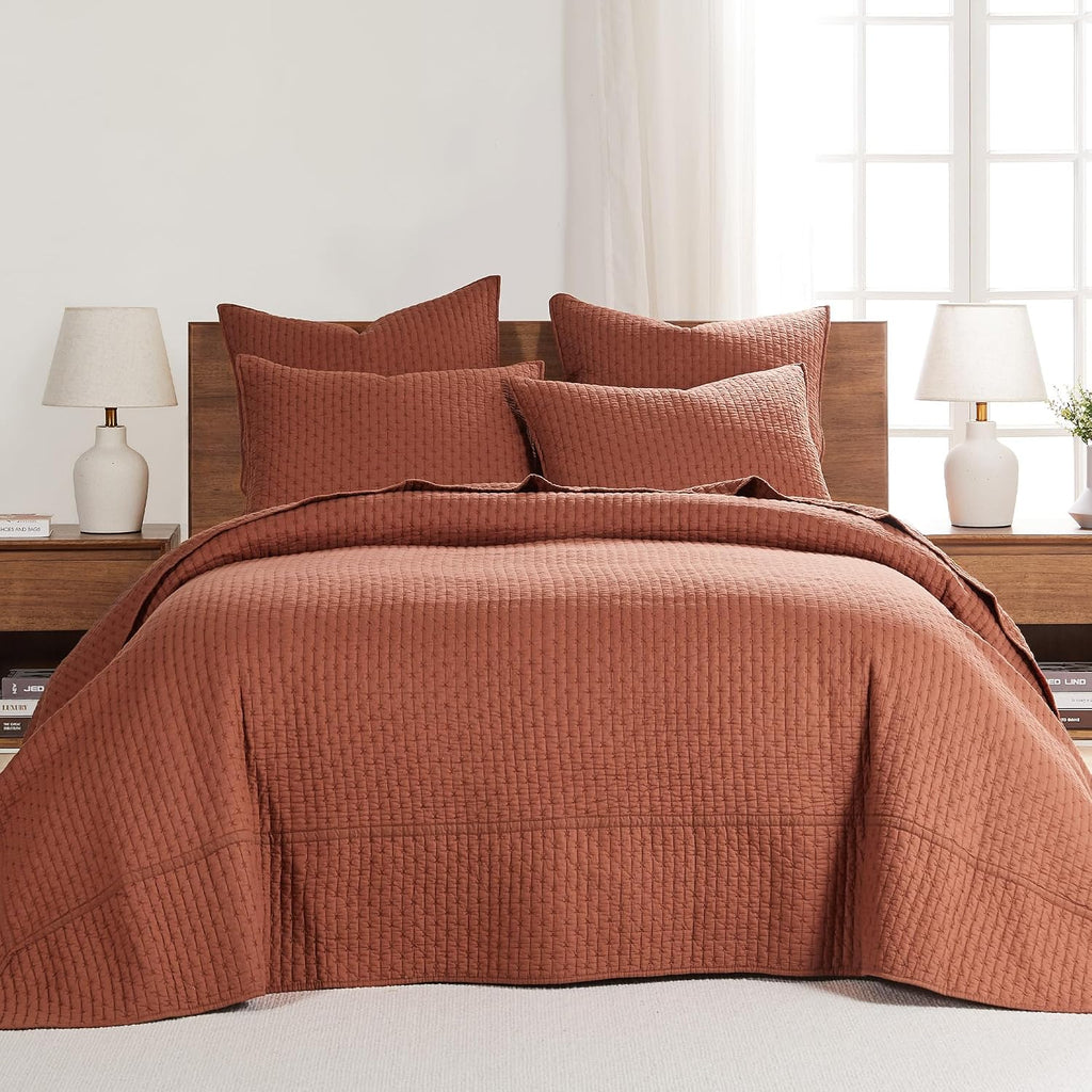 Levtex Home Cross Stitch Reversible King Bedspread Set (120x104in) with 2 Pillow Shams (36x20in) - Stitch Texture - Adobe - Cotton King Size Bedspread Set - Soft, Pre-Washed