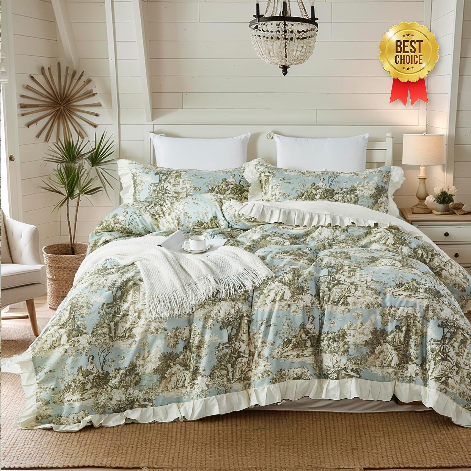 Brandream French Country Toile Queen Duvet Cover Set for Girl Women Bedroom Vintage Cottagecore Toile Floral Print 100% Cotton Duvet Quilt Comforter Cover Pillow Shams Set with Delicate Ruffle Fringe
