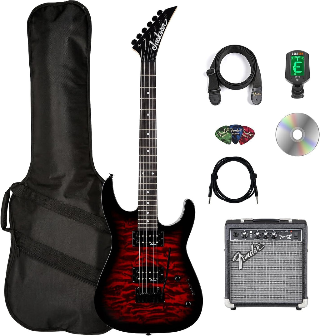 Jackson JS Series Dinky JS11Q Electric Guitar - Transparent Red Bundle with Frontman 10G Amplifier, Gig Bag, Tuner, Strap, Cable, Picks, and Austin Bazaar Instructional DVD