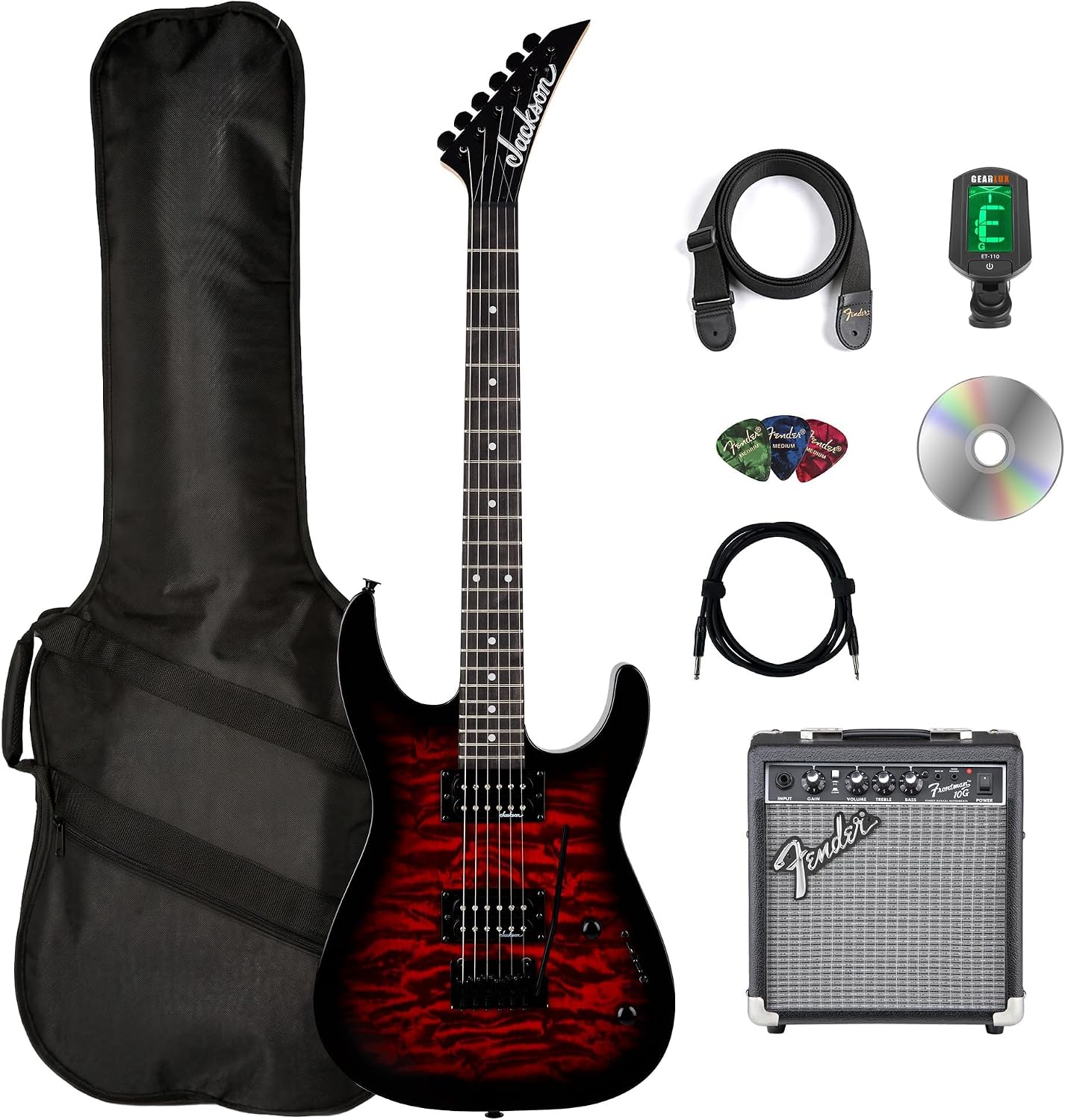 Jackson JS Series Dinky JS11Q Electric Guitar - Transparent Red Bundle with Frontman 10G Amplifier, Gig Bag, Tuner, Strap, Cable, Picks, and Austin Bazaar Instructional DVD