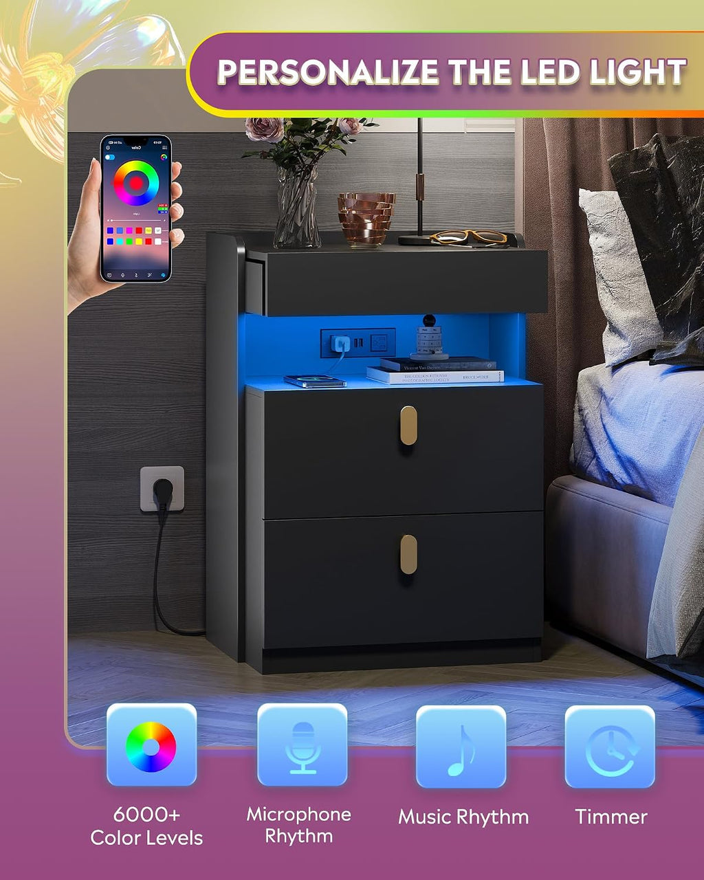 WLIVE Black LED Nighstand Set of 2 with Charging Station, Night Stands Sets with Sliding Top, Bedside Tables with Drawers, End Table for Bedroom, Living Room, Black