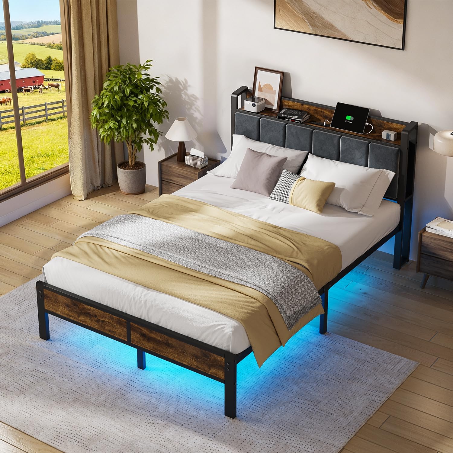 ALBERTO Full Size LED Bed Frame with Built-in Charging Station, Metal Platform with Slats, Soft Grey Upholstered Headboard, No Box Spring Required