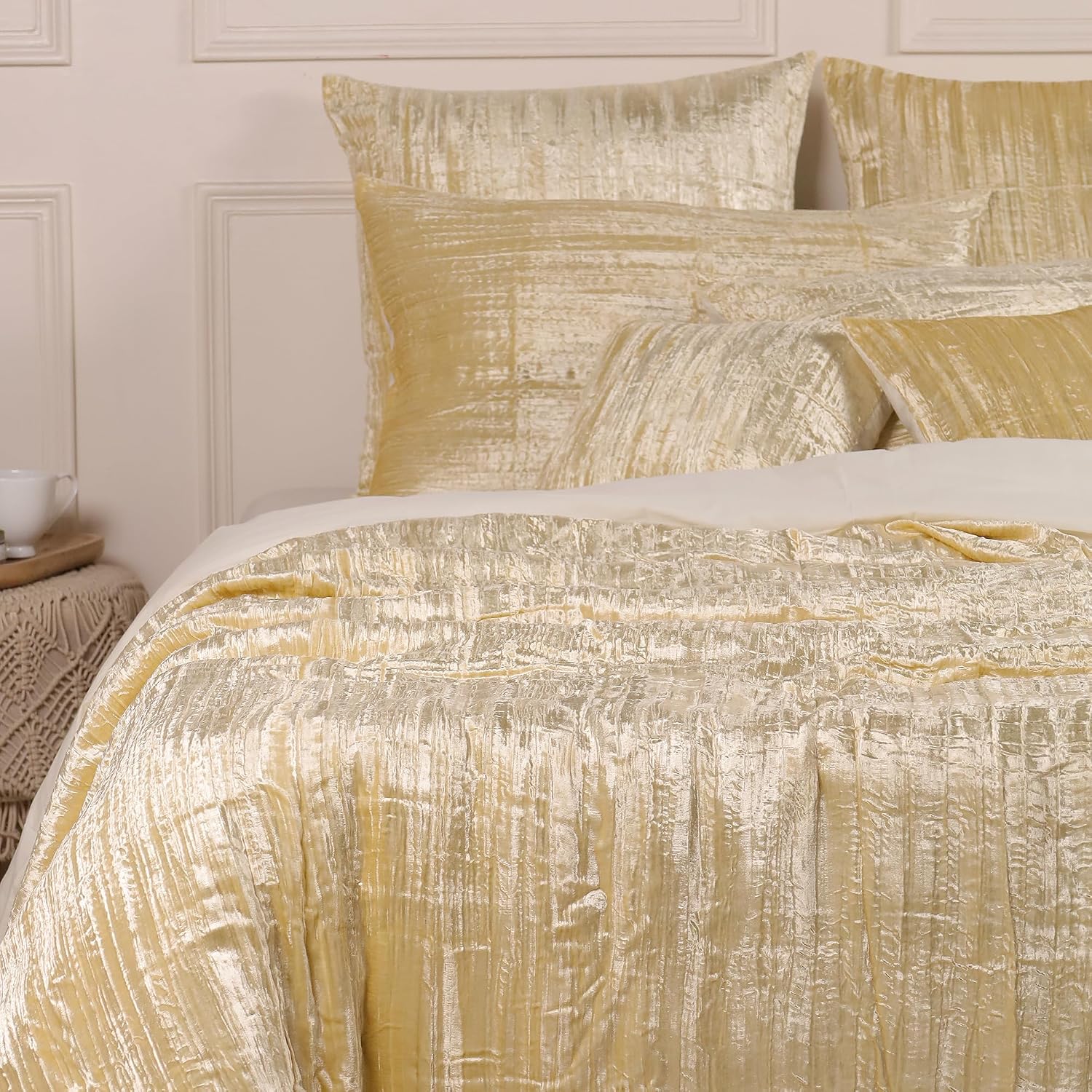 The Harry Creations 3 Pcs Set Solid Pattern Velvet Bedding Ultra Donna Crushed Luxury Boho Duvet Cover (Crush- Custard Yellow, Super King Plus 114' x 118')