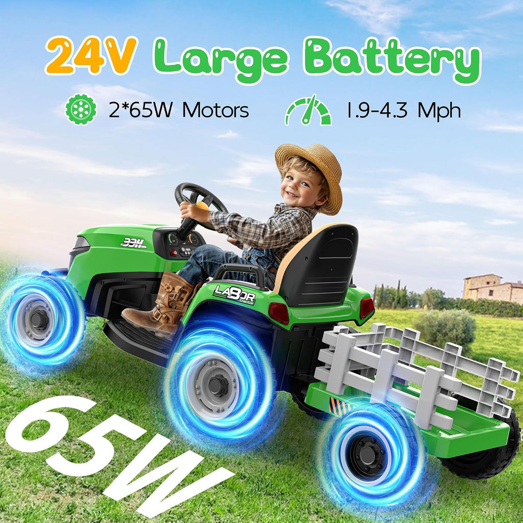 ANPABO 24V Ride On Tractor w/Tiltable & Detachable Trailer, EVA Tires, Up to 4.3Mph, Ride On Toys with Parental Remote, Realistic Tractor Sound & Chimney, Music Player, LED Light, Green