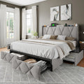 Feonase Full Bed Frame with 4 Storage Drawers, Upholstered Button Tufted Storage Headboard with Fast Charging Station, Heavy Duty Slats Support, No Box Spring Needed, Noise-Free, Light Grey