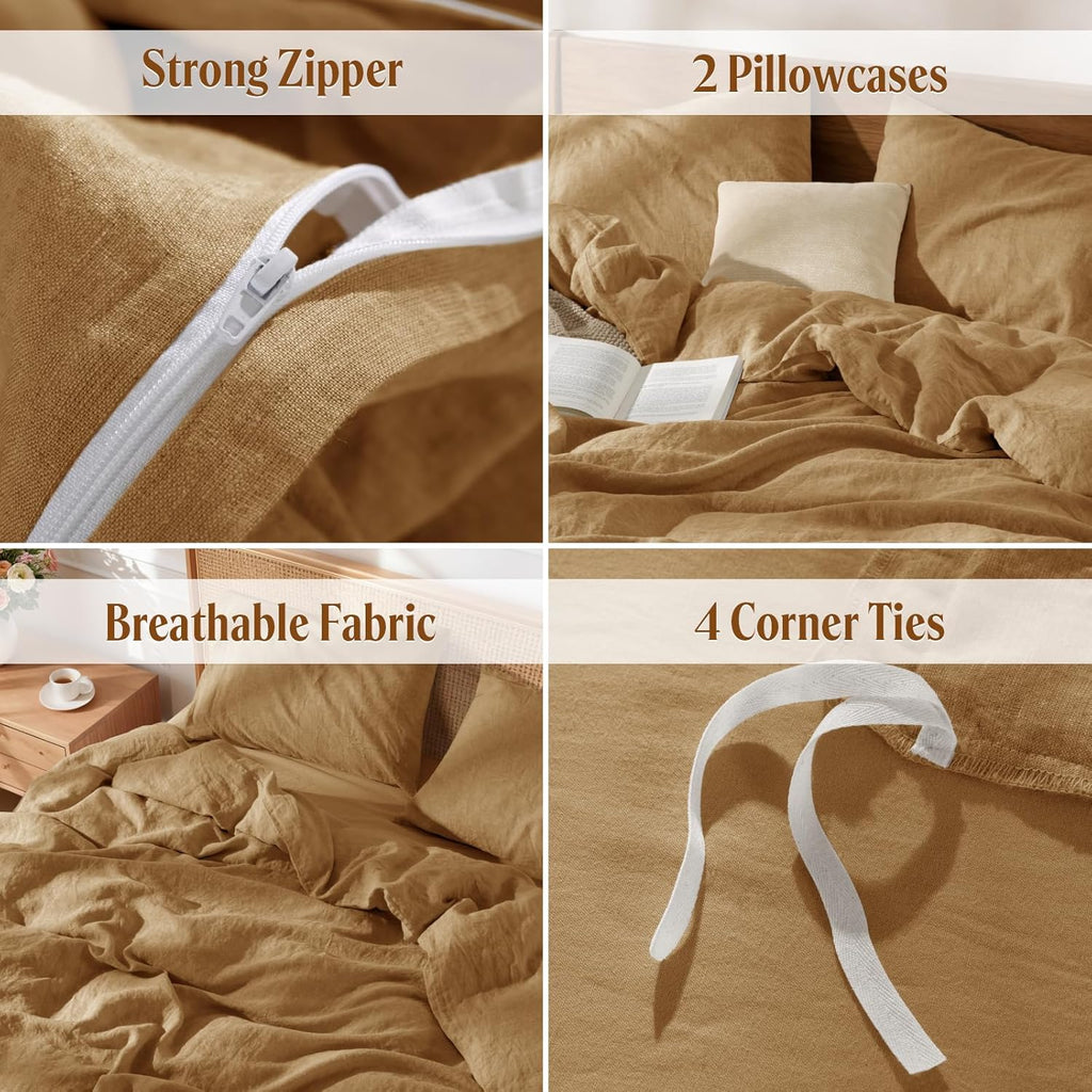 LBRO2M 100% France Linen Duvet Cover Set 3 Pcs Including 1 Flax Comforter Cover with Zipper Closure, 2 Pillowcase, Cozy Duvet Cover King Size, Rust
