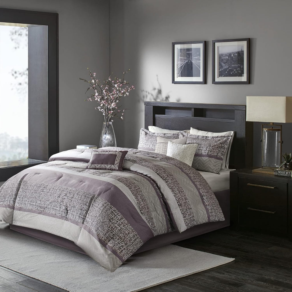 Madison Park Luxury Comforter Set-Traditional Jacquard Design, All Season Down Alternative Bedding, Matching Bedskirt, Decorative Pillows, King(104'x92'), Rhapsody, Striped Purple 7 Piece