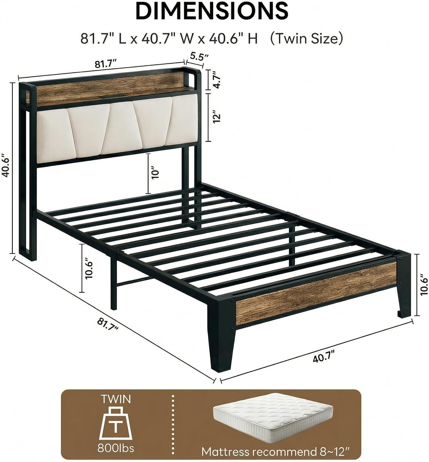 LIKIMIO Twin Bed Frames, Storage Headboard with Charging Station, Solid and Stable, Noise Free, No Box Spring Needed, Easy Assembly (Walnut and Beige)