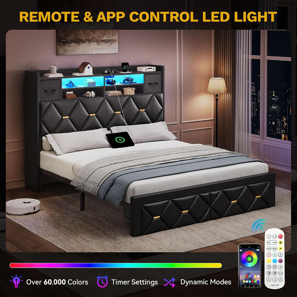 DWVO Full Size Bed Frame with 2 Storage Drawers and Storage Headboard, Upholstered Platform with Charging Station and LED Light, No Box Spring Needed, Noise Free, Easy Assembly, PU Leather Black