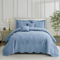 DaisyHuang Botanical Oversized Bedspread King Size - Leaves Pattern Stitching Quilt Set - Elegant & Fresh Style Bedding Coverlets, Reversible, Lightweight, 5 Piece, Ashley Blue