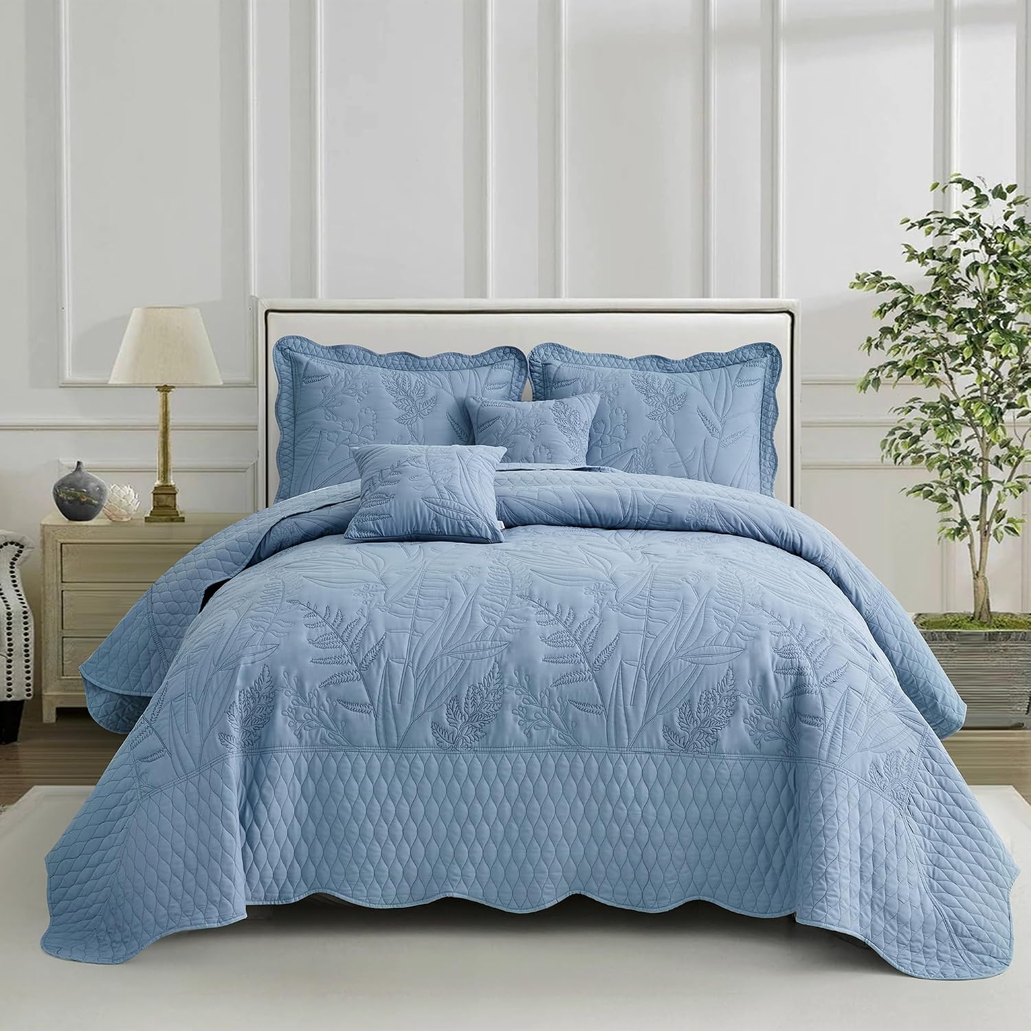 DaisyHuang Botanical Oversized Bedspread King Size - Leaves Pattern Stitching Quilt Set - Elegant & Fresh Style Bedding Coverlets, Reversible, Lightweight, 5 Piece, Ashley Blue
