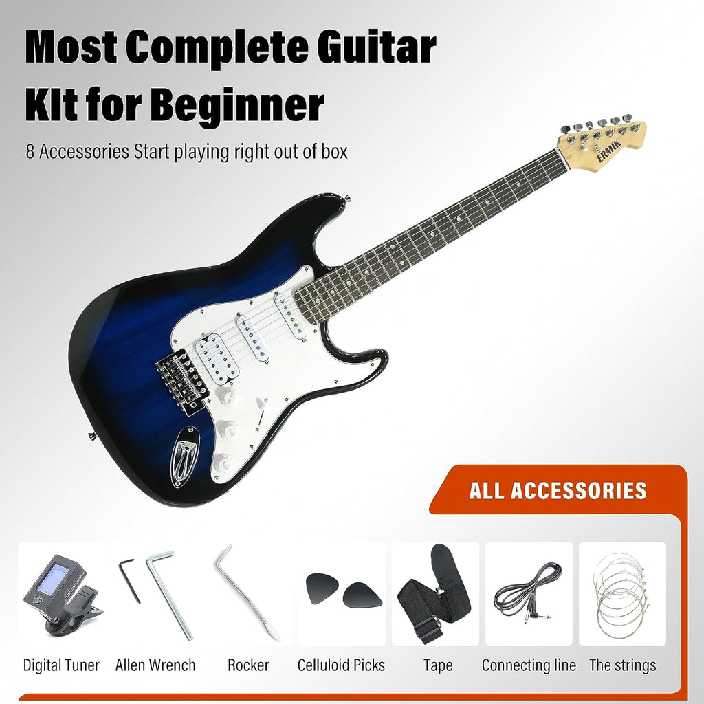 Ermik Solid Body Electric Guitar Kit with Amp 20W, Strings, Strap, Digital Tuner, Picks, Gig Bag, Cable, Tremolo Bar, 39' Full Size Guitar HSS Pickups Guitarra Electrica Beginner Gift - Blue