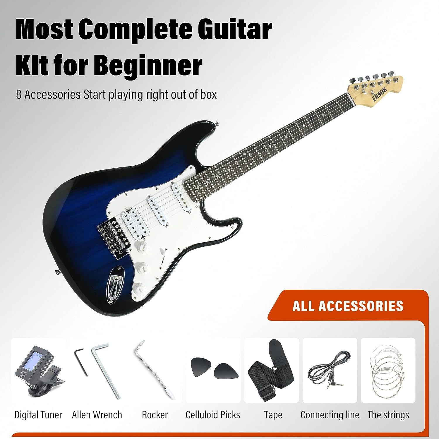 Ermik Solid Body Electric Guitar Kit with Amp 20W, Strings, Strap, Digital Tuner, Picks, Gig Bag, Cable, Tremolo Bar, 39' Full Size Guitar HSS Pickups Guitarra Electrica Beginner Gift - Blue