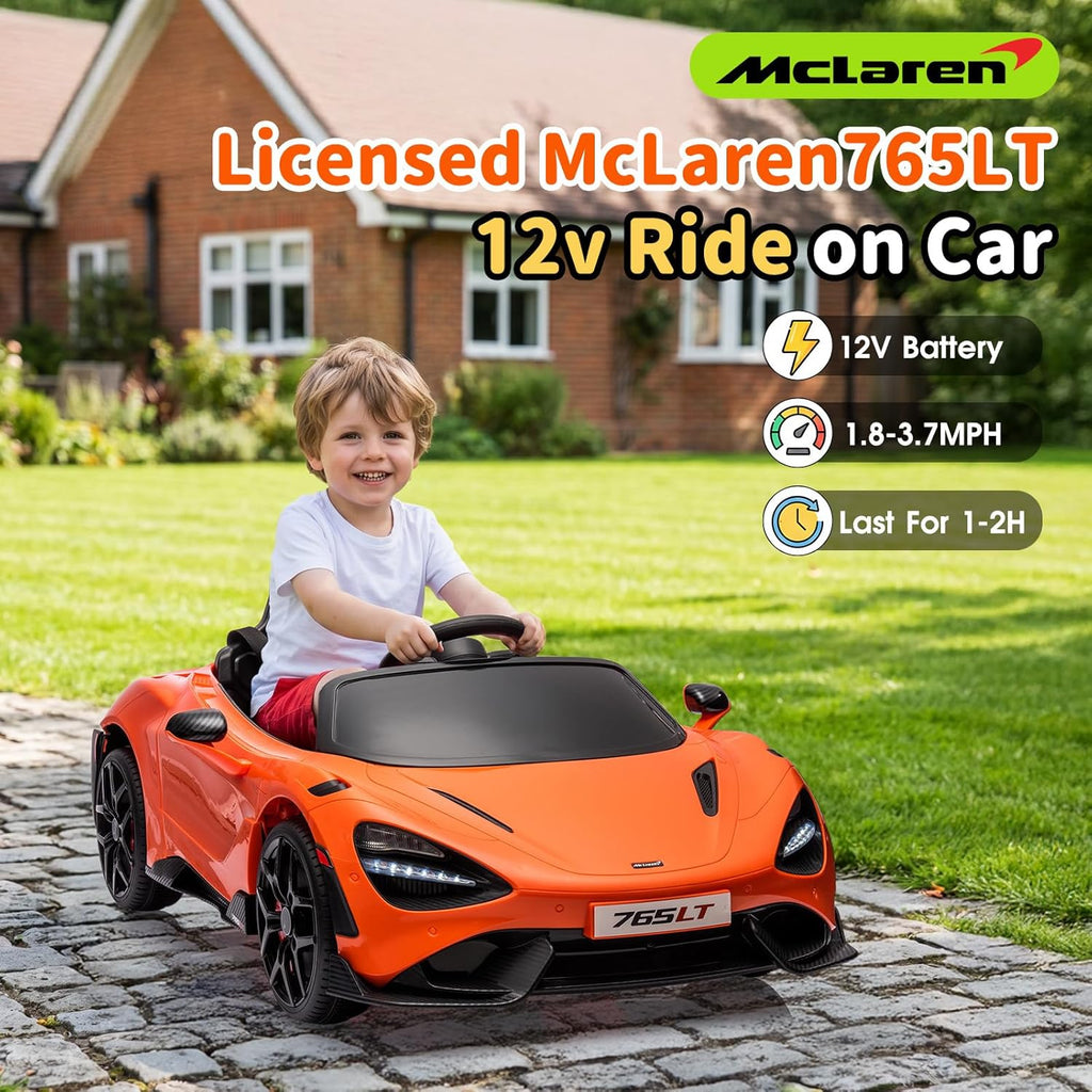 Kids Ride-on Car Licensed McLaren765LT for 3-6Years Old, Electric car 12V Battery Powered Electric Vehicle, w/Parent Remote, Music Player, LED Lights, Smooth Start, 3 Speeds, (Orange)