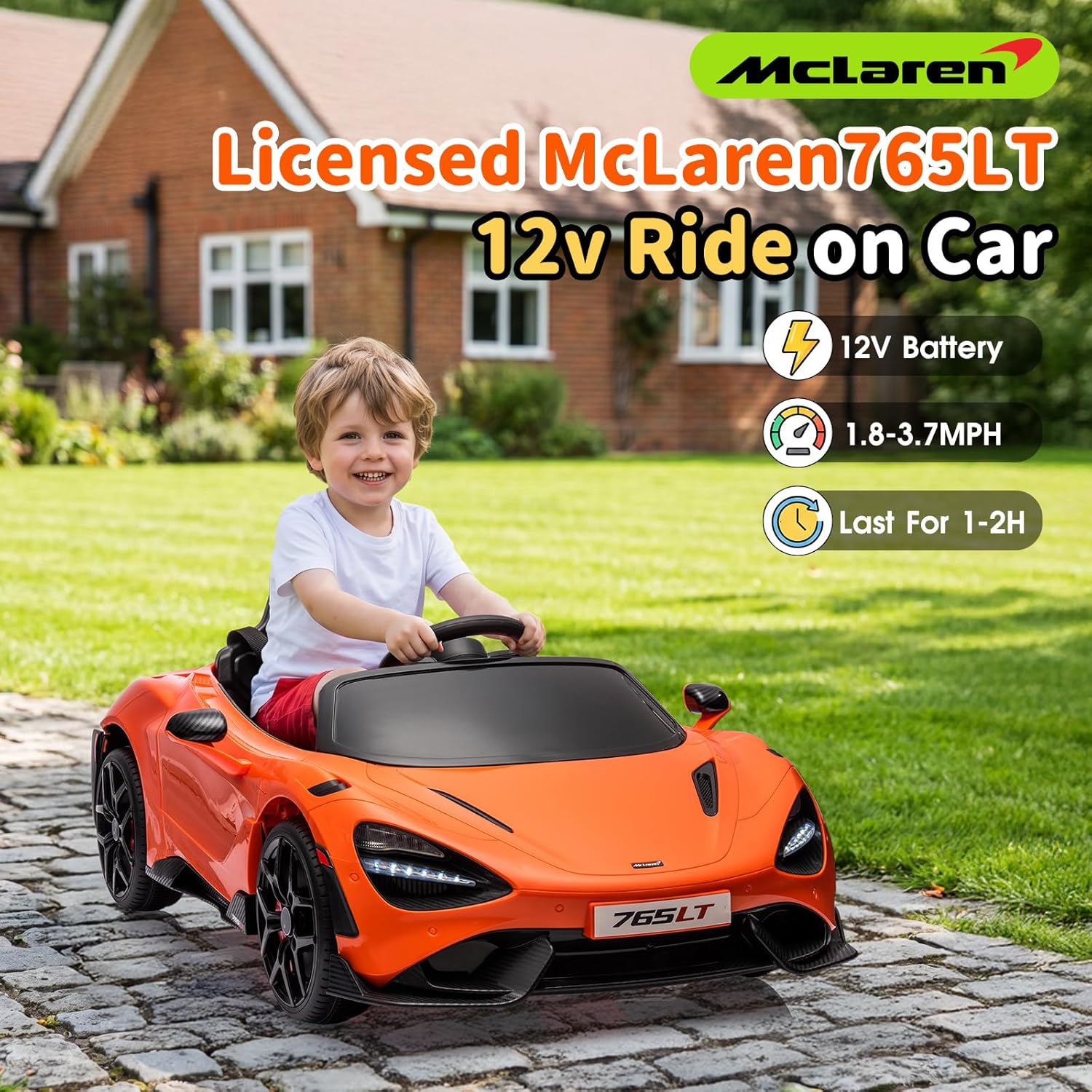 Kids Ride-on Car Licensed McLaren765LT for 3-6Years Old, Electric car 12V Battery Powered Electric Vehicle, w/Parent Remote, Music Player, LED Lights, Smooth Start, 3 Speeds, (Orange)