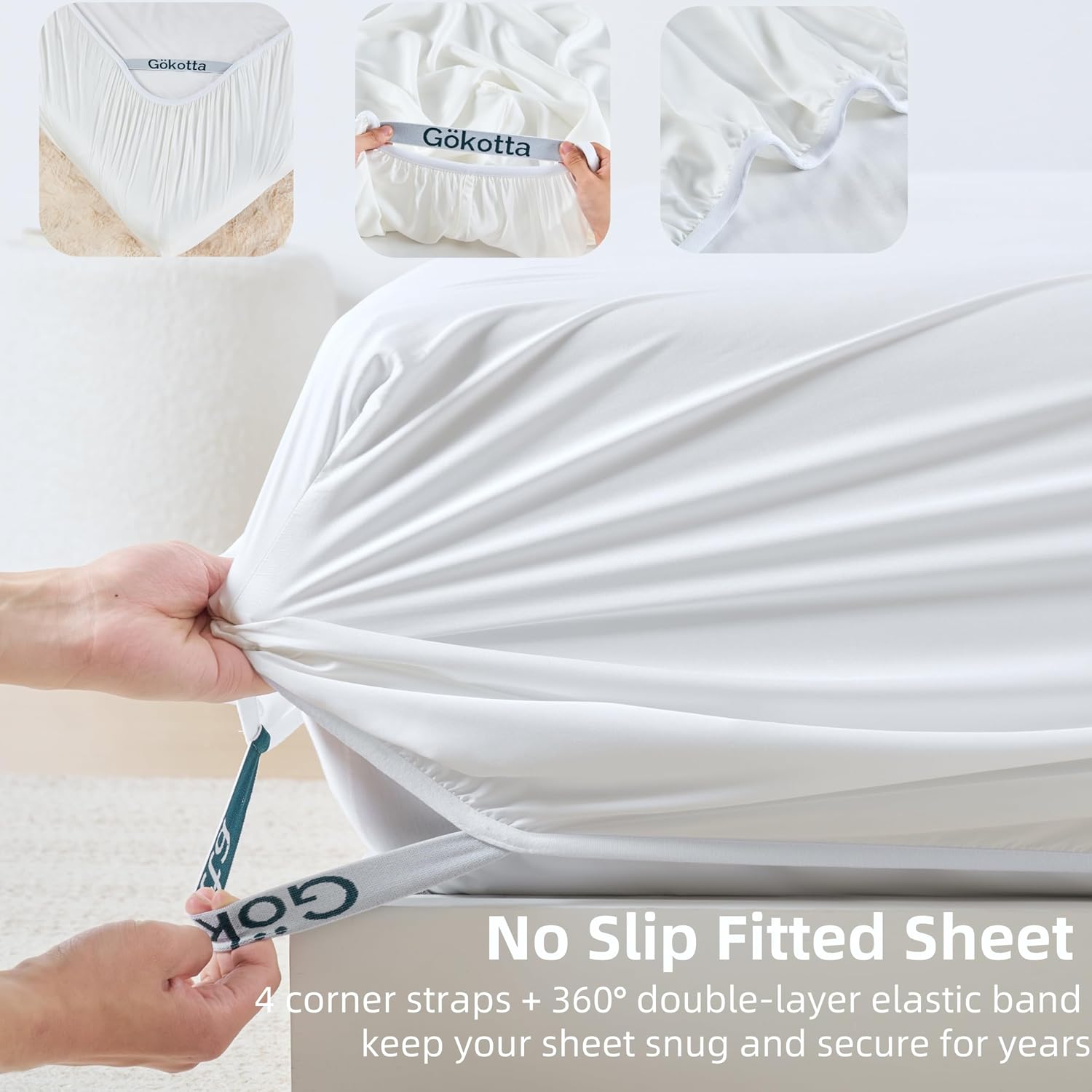 GOKOTTA Queen Size Bed Sheets 4 Piece Set, FSC® Certified Rayon Derived from Bamboo, Luxury Breathable and Silky Soft Sheets, Deep Pocket 16' Fitted Sheet with Elastic Corner Straps -Bright White