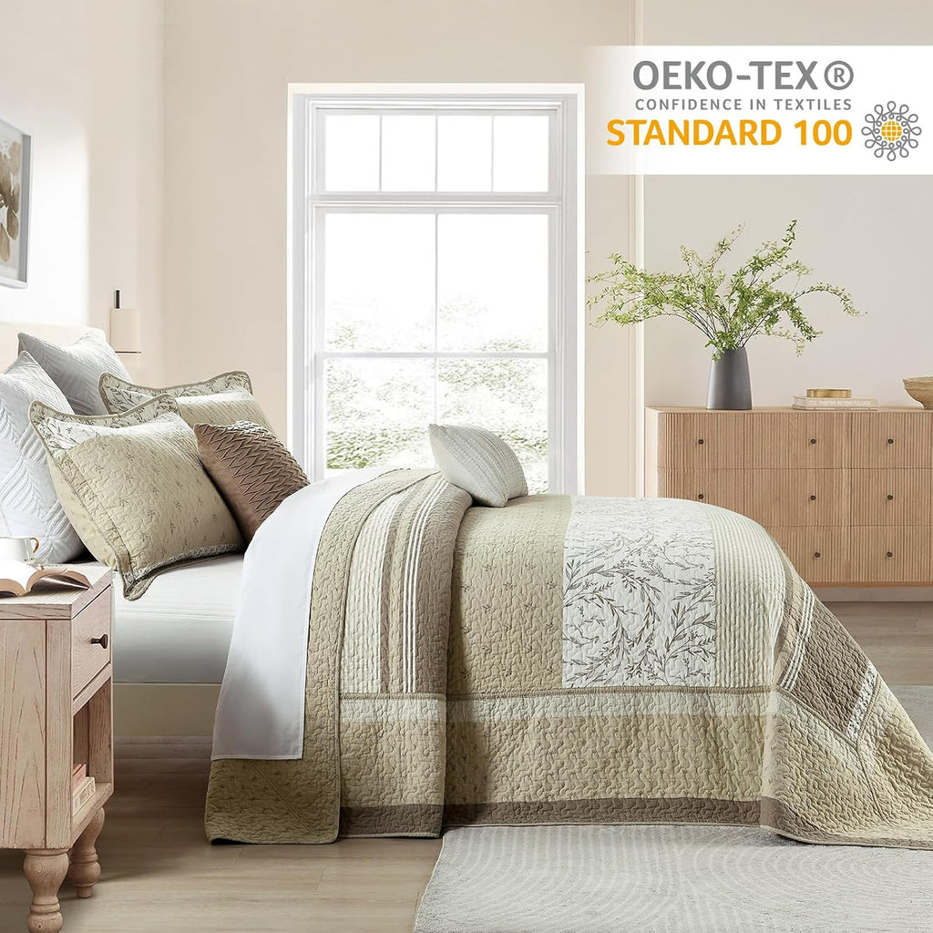 Finlonte 100% Cotton 120'x120' California King Bedspread, Cal King Size Quilted Bedspread Coverlet Extra Large Quilt Set, Floral Farmhouse XL Bed Spread Lightweight Comforter, Beige/Taupe/Cream, 3 pcs