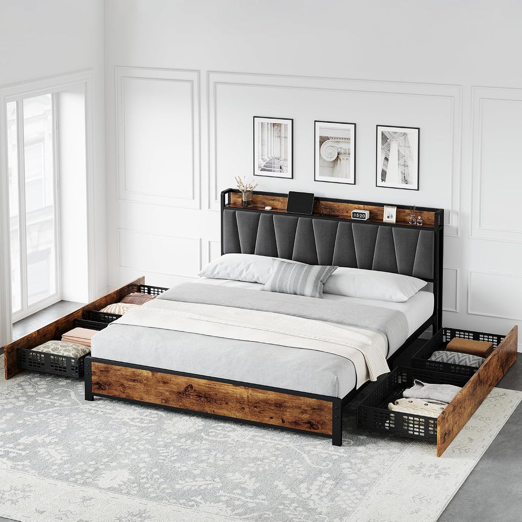 GarveeHome King Size Bed Frame with 4 Storage Drawers, Upholstered Storage Charging Headboard, Heavy Duty Metal Platform Bed Frame, Noise Free, No Box Spring Needed, Rustic Brown