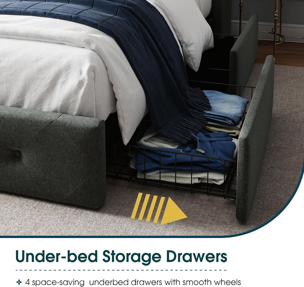 WEEWAY Upholstered Full Size Bed Frame with 4 Storage Drawers and Wingback Headboard, Button Tufted Design, No Box Spring Needed, Easy Assembly, Dark Grey