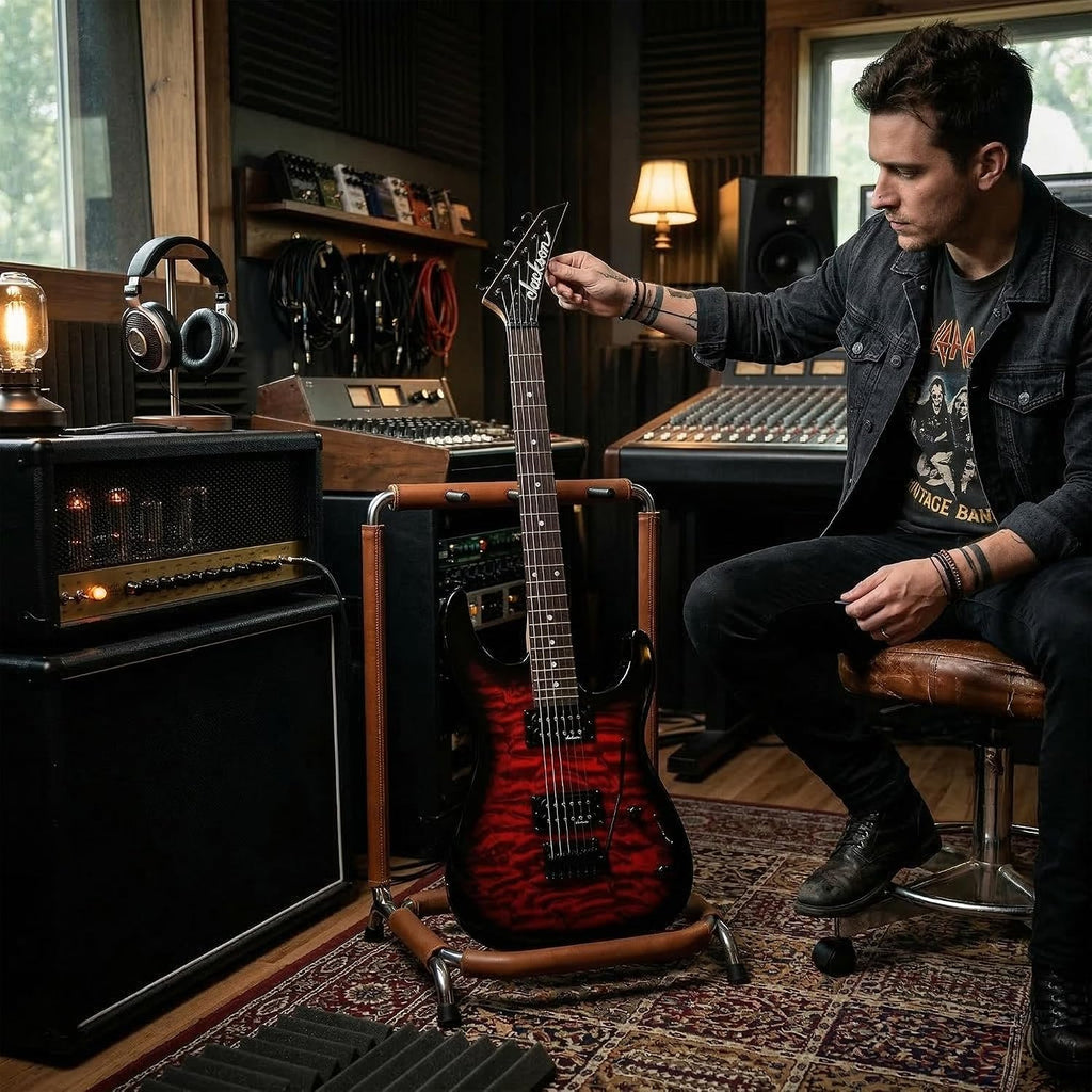 Jackson JS Series Dinky JS11Q Electric Guitar - Transparent Red Bundle with Frontman 10G Amplifier, Gig Bag, Tuner, Strap, Cable, Picks, and Austin Bazaar Instructional DVD