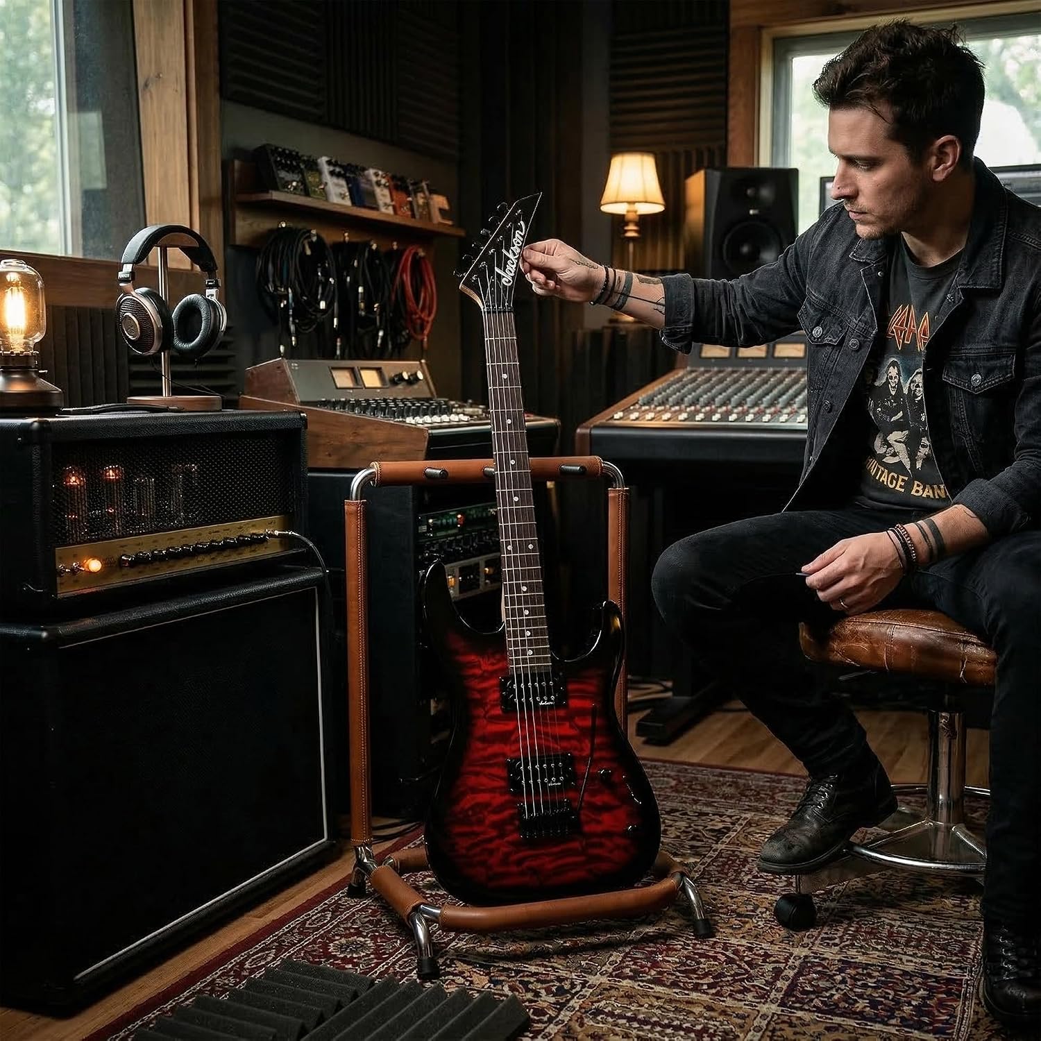 Jackson JS Series Dinky JS11Q Electric Guitar - Transparent Red Bundle with Frontman 10G Amplifier, Gig Bag, Tuner, Strap, Cable, Picks, and Austin Bazaar Instructional DVD