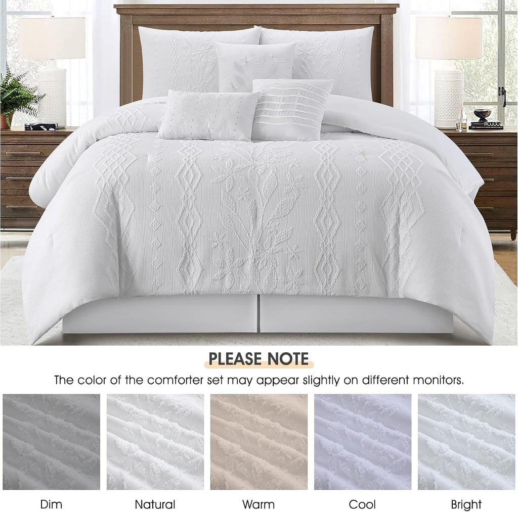 LANCO MODERN LIFESTYLE White Comforter Set, King Size, 7 Pieces Jacquard Boho Bedding Set for All Seasons, Ultra Soft and Fluffy, Matching Pilllow Shams, Bedskirt and Decor Pillows
