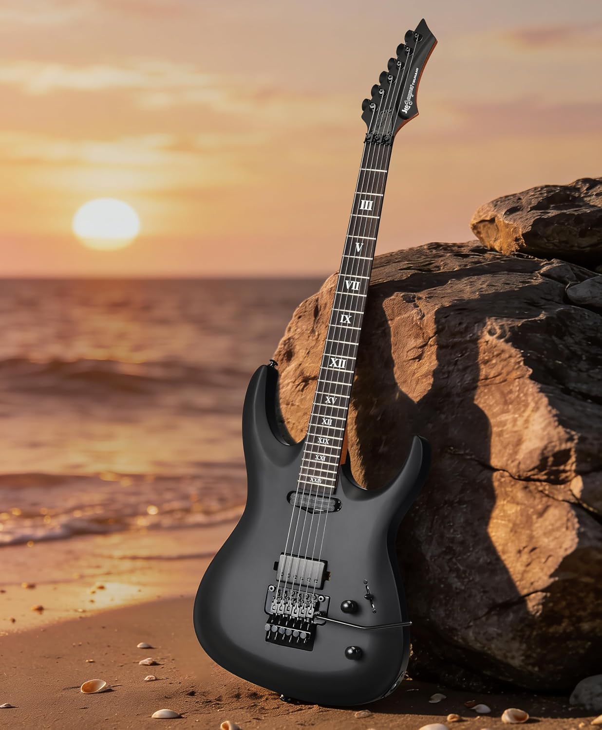 Leo Jaymz Tsunami Electric Guitar Mahogany Body & Roasted Maple Neck, HH Pickups with Rail, Double-Locking Tremolo, 24 Frets (Matte Black)
