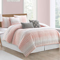 LANCO MODERN LIFESTYLE California King Comforter Set, Pink, Jaquard Clip Striped Design, Elegant Soft 7 Pieces Bedding Set for All Seasons, Matching Bedskirt, Pillow Shams and Decor Pillows