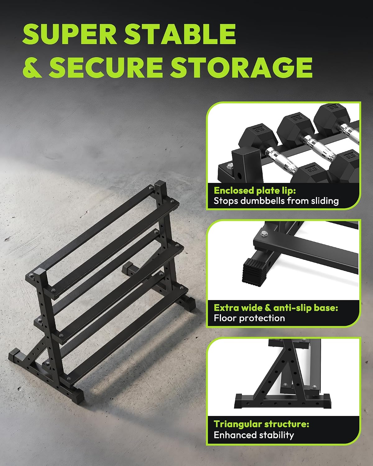 HANDBODE 3-Tier Dumbbell Rack Stand, 1000LB Capacity Storage Rack, Weight Rack for Dumbbells, Kettlebell, 390–700 lb Rubber Coated Fixed Weight Sets, Home Gym Strength Training Equipment