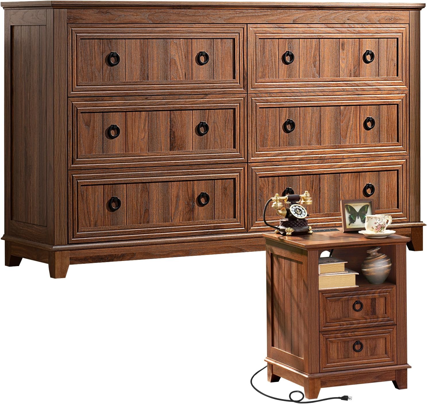 Joaxswe Farmhouse Furniture Set, Nightstands with Charging Station and 6 Drawers Dresser for Bedroom, 54 Inch Wide Wood Dresser and 18' Night Stands for Bedroom, Living Room, Hallway