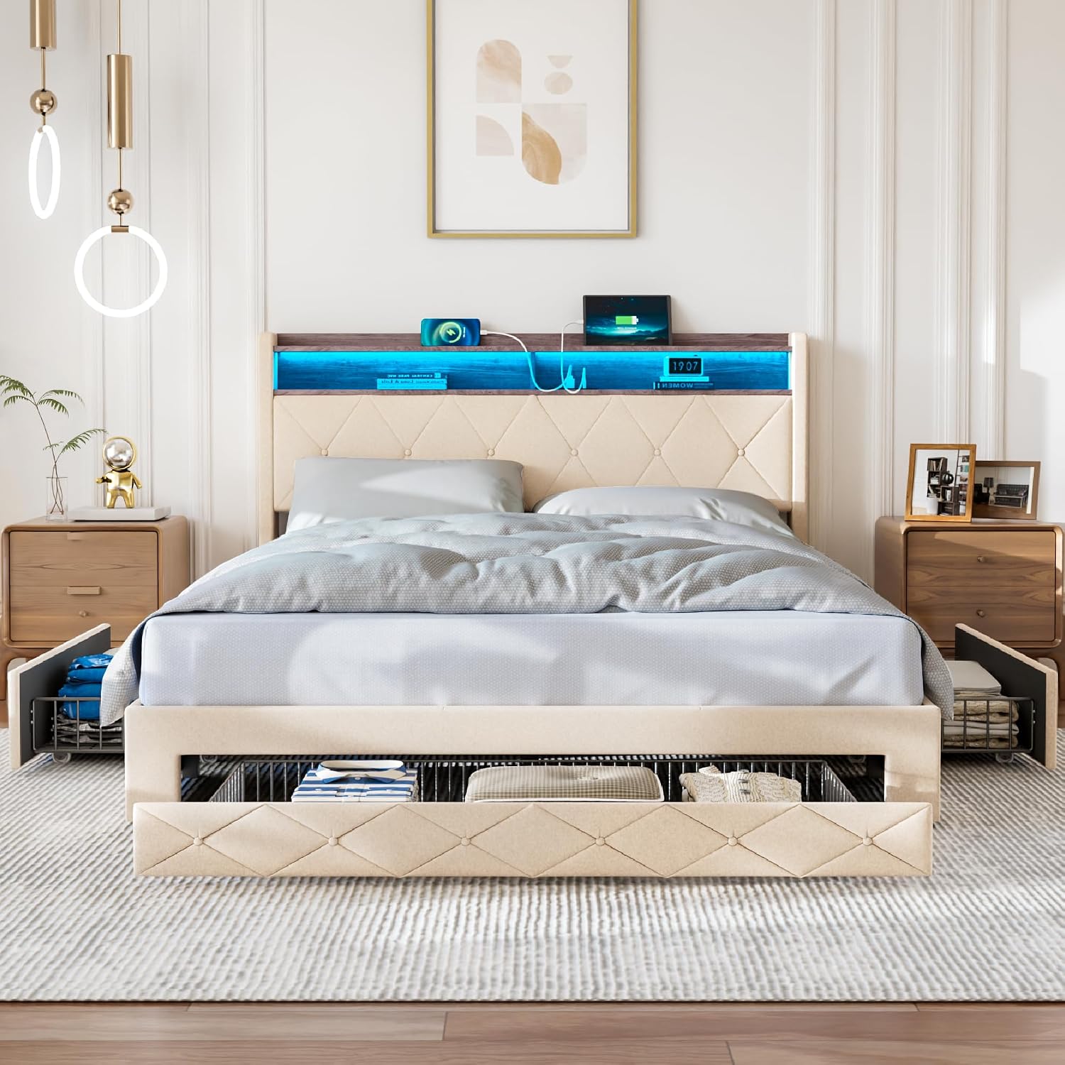 VECELO Velvet Queen Size Upholstered Bed Frame with Headboard, Sturdy Platform Queen Bed Frame with 3 Capacious Drawers, LED Light, Charging Station, USB Ports, Quiet, Easy Assembly, Beige